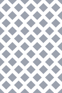A repeating pattern of gray squares arranged in a grid, interwoven with white diamond shapes creating a geometric design. Peel and stick removable wallpaper.
