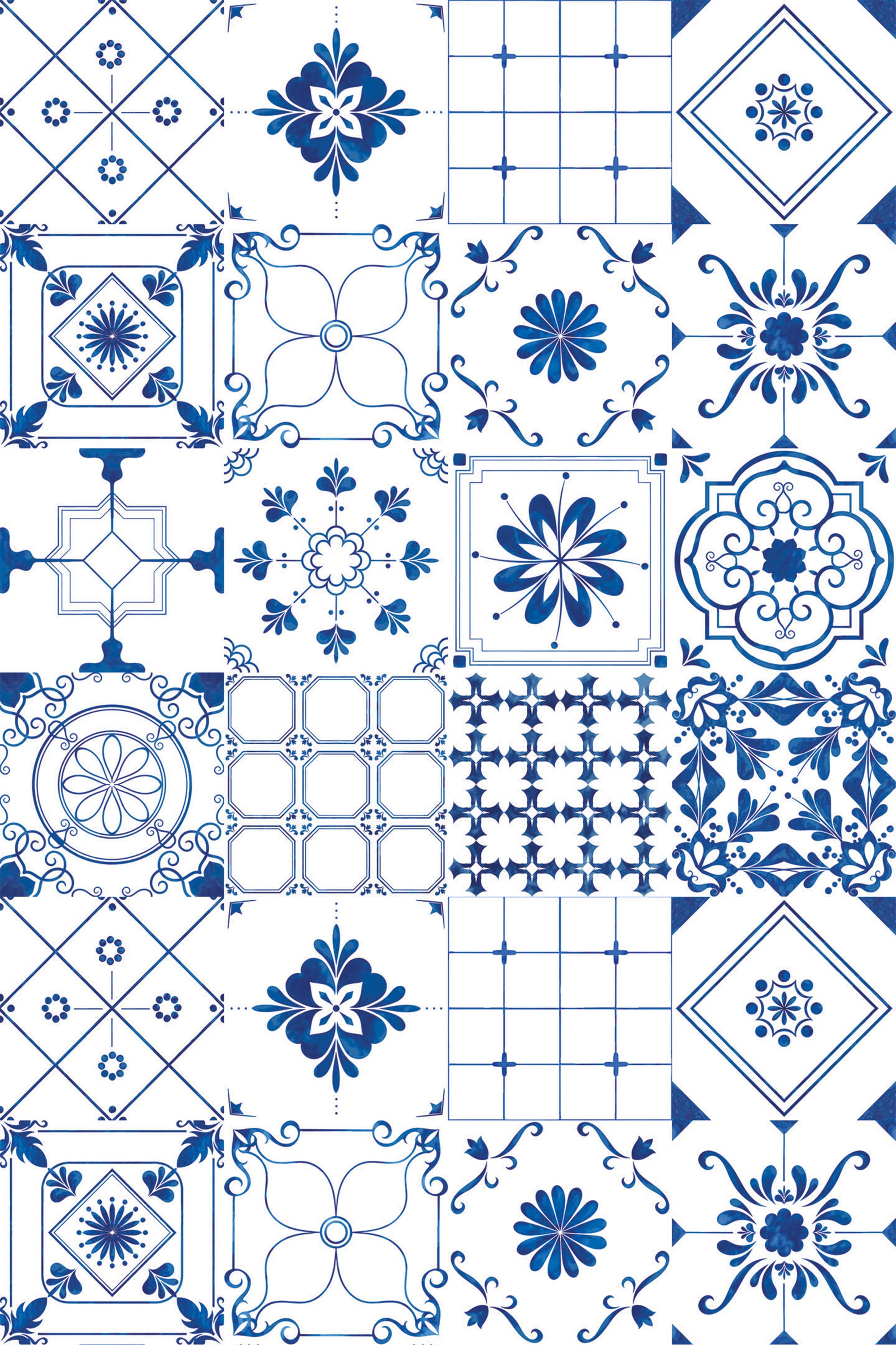 Blue and white patterned wallpaper with intricate tile designs, including floral, geometric, and ornate motifs, creating a classic and elegant look. Peel and stick removable wallpaper.