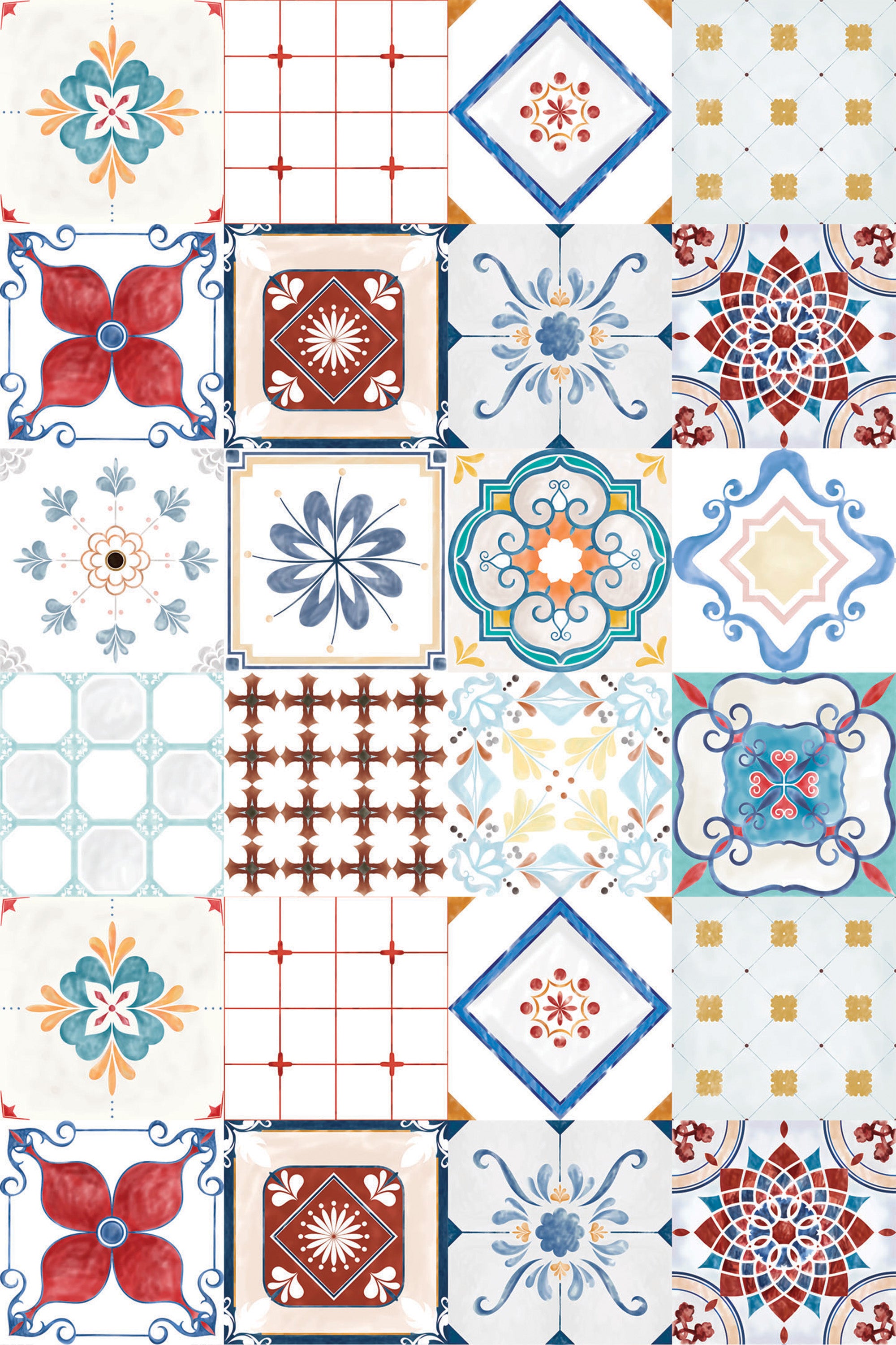 Colorful abstract and floral-themed tiles with intricate patterns in shades of blue, red, orange, and yellow arranged in a grid layout. The design contains a variety of shapes including diamonds, flowers, and geometric lines creating a vibrant, eclectic style. Peel and stick removable wallpaper.