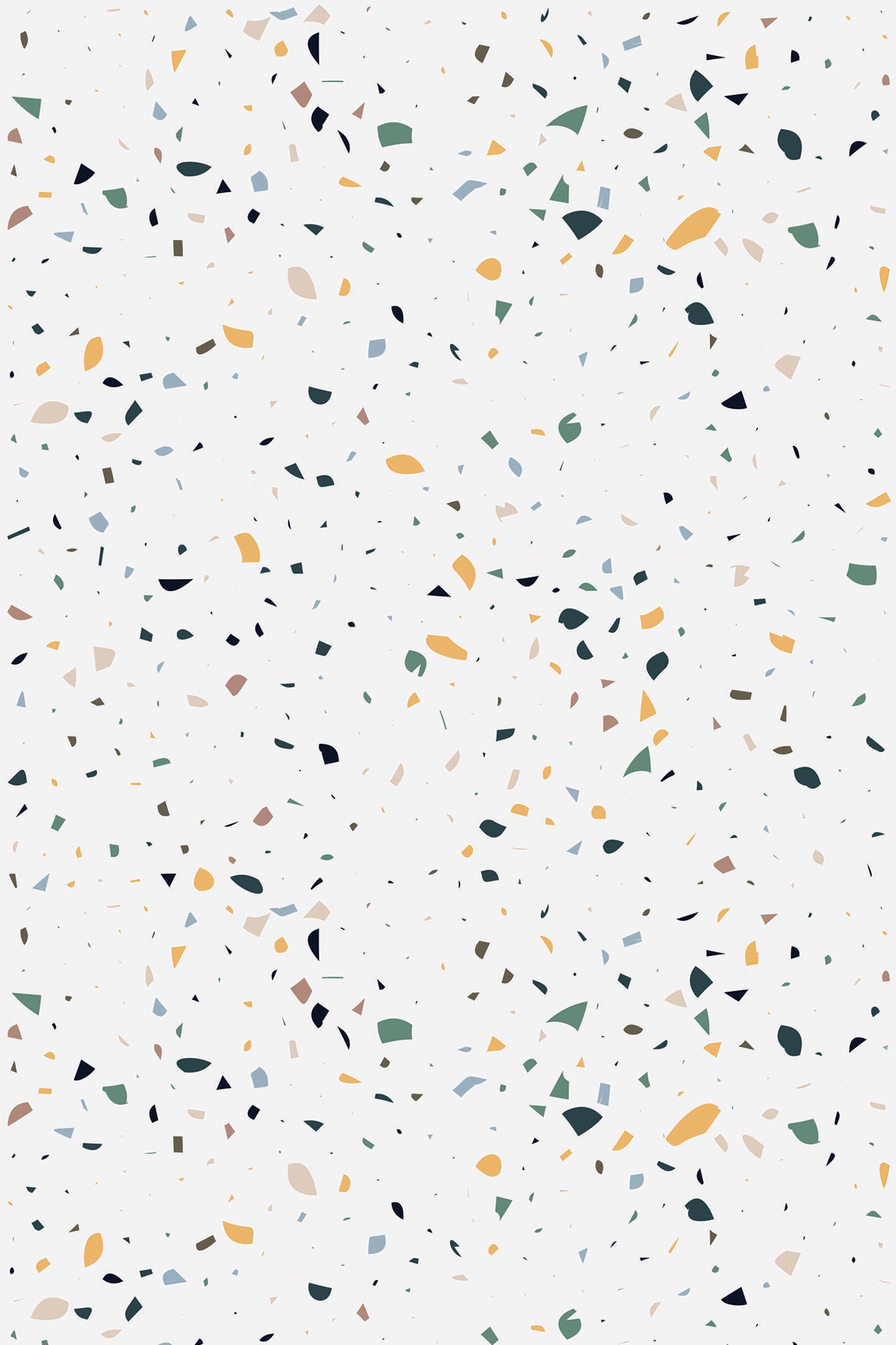 Colorful Terrazzo-inspired pattern with scattered irregular speckles in earthy tones of beige, orange, green, and black on a white background, peel and stick removable wallpaper.