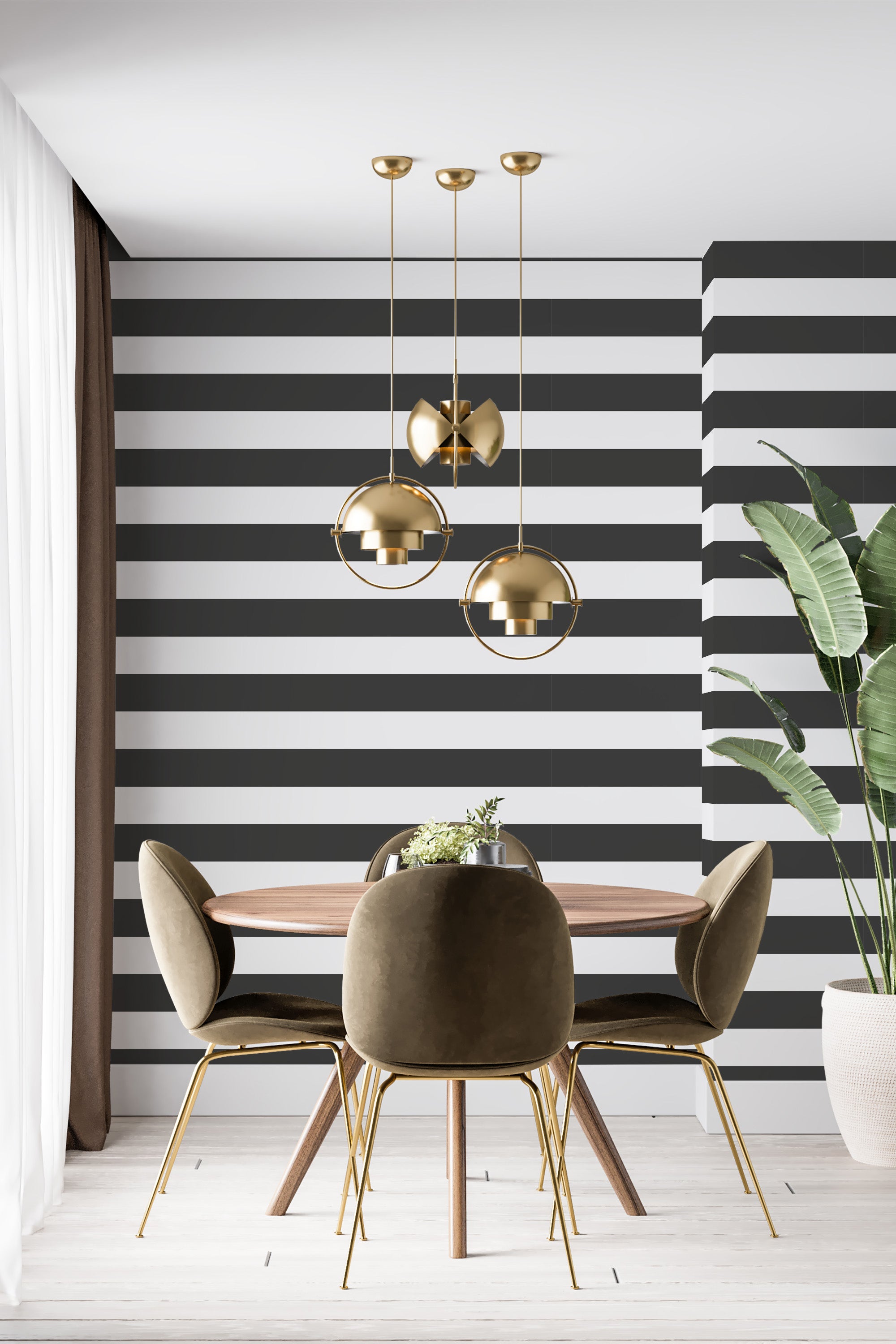Black and white wide stripe wallpaper with alternating horizontal stripes creating a bold, classic pattern. Traditional wallpaper.