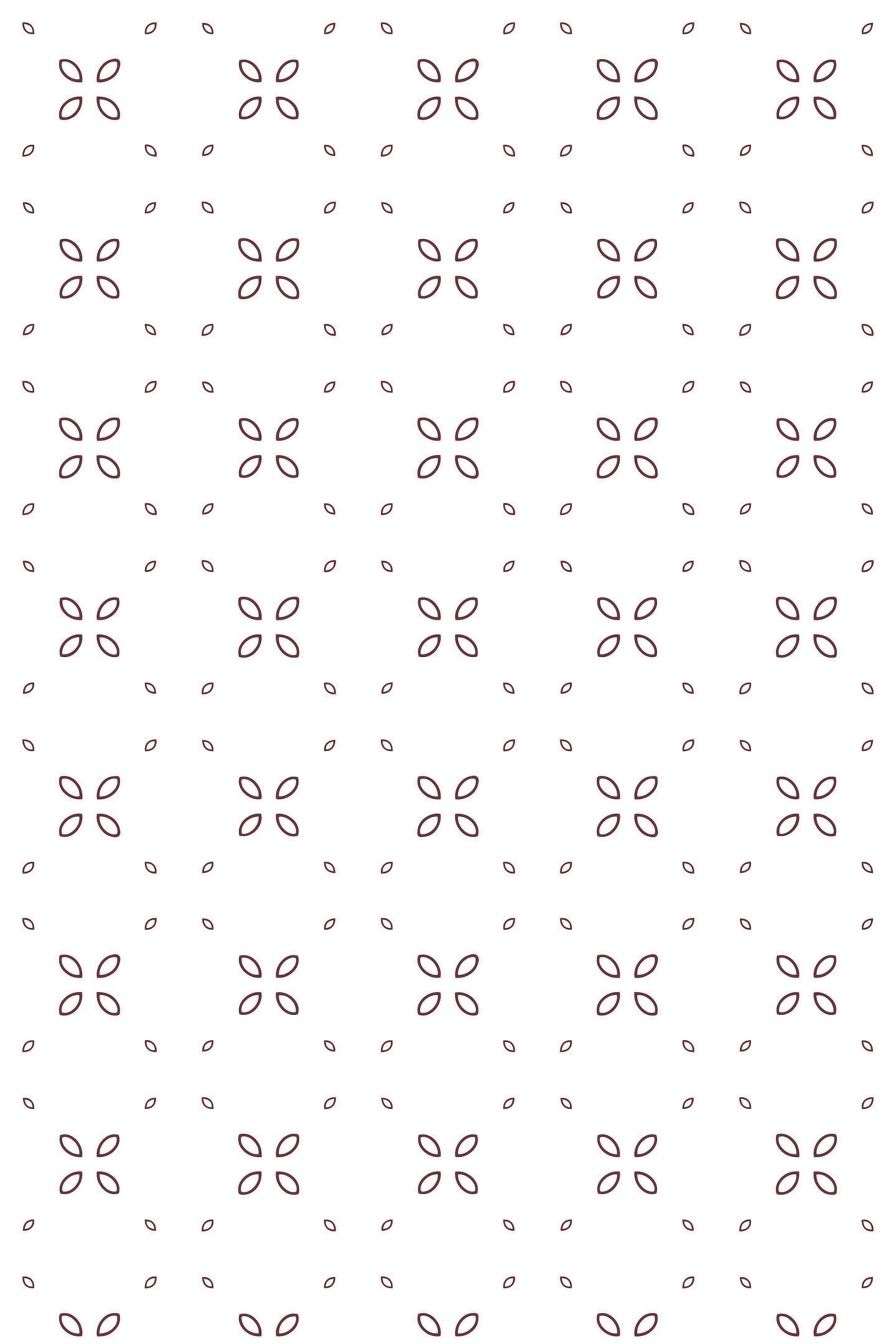 Repeating pattern of minimalistic geometric flowers made of four simple dark brown petals on a light background, interspersed with small ovals. Peel and stick removable wallpaper.