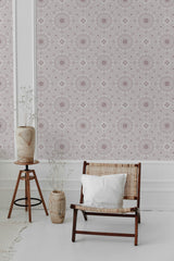 Wallpaper with intricate India-inspired pattern featuring symmetrical floral motifs and geometric shapes in soft, muted tones, creating an elegant and serene ambiance. Traditional wallpaper.