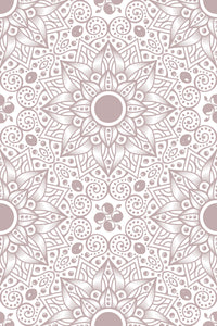 Ornate, symmetrical pattern with intricate mandala-inspired floral and paisley elements in soft neutral tones. Peel and stick removable wallpaper.