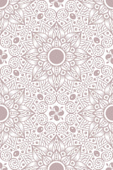 Ornate, symmetrical pattern with intricate mandala-inspired floral and paisley elements in soft neutral tones. Peel and stick removable wallpaper.