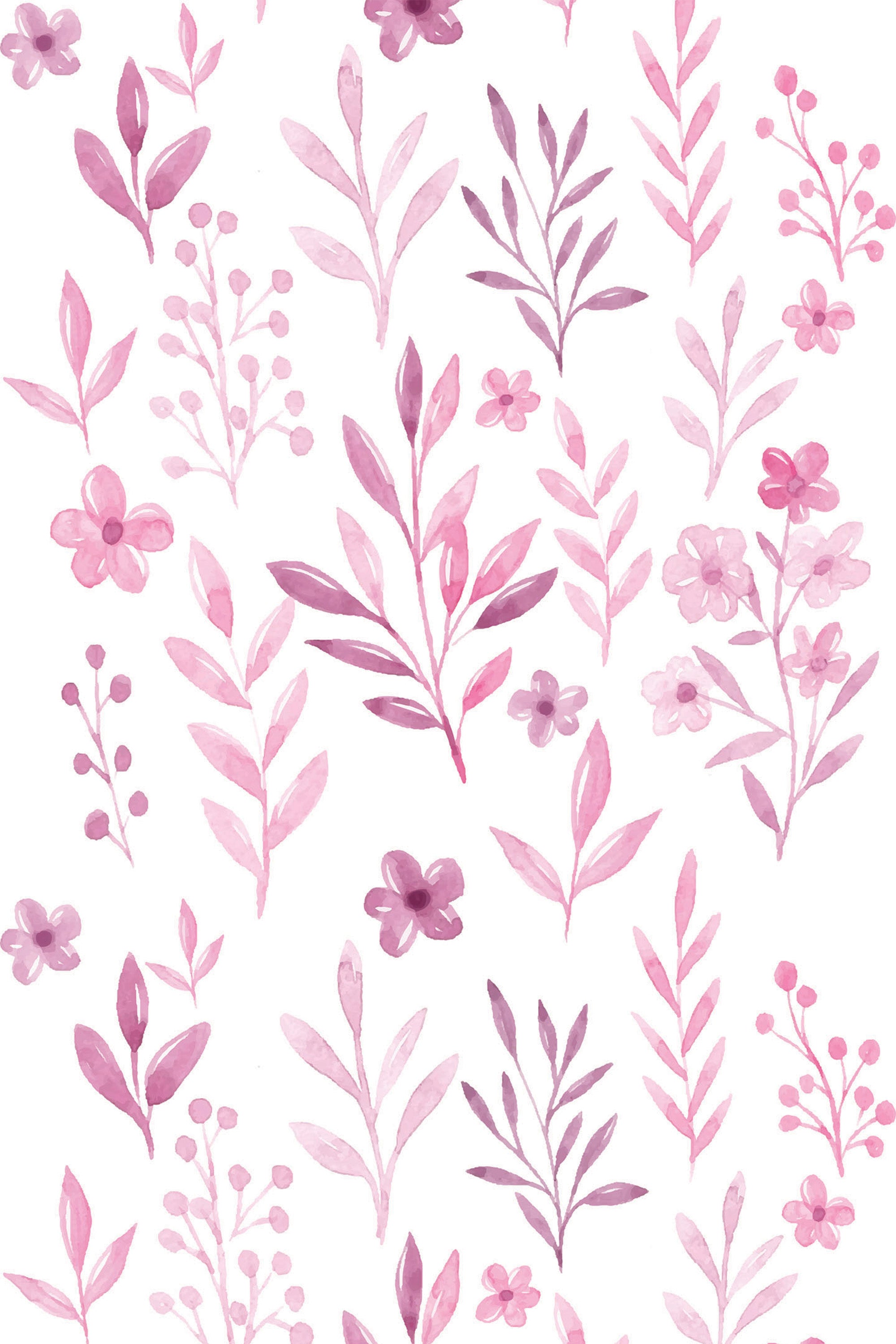 A pattern of delicate pink watercolor flowers, leaves, and sprigs evenly distributed on a white background, creating a soft and elegant floral design. Peel and stick removable wallpaper.