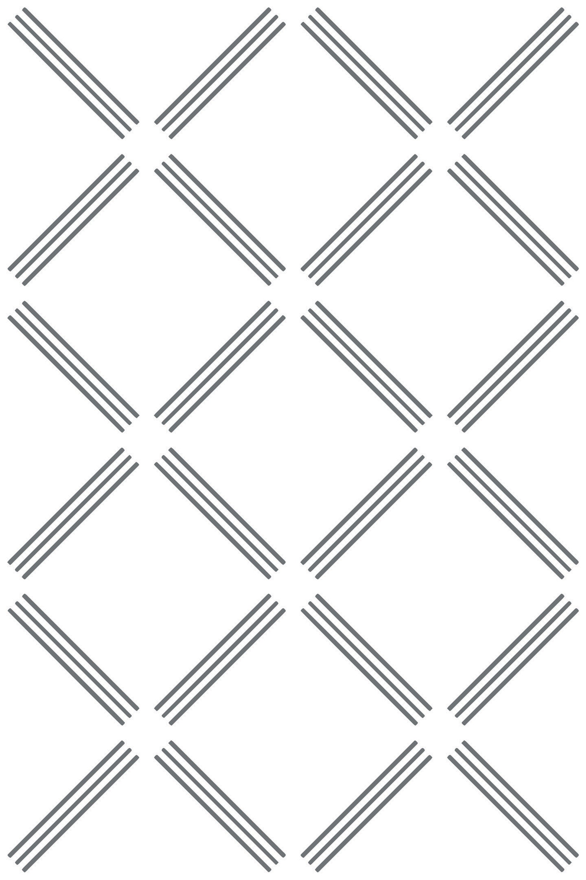 Diagonal lines intersect in a geometric lattice pattern forming diamond shapes on a white background. Each diamond shape is created by sets of three parallel black lines connecting at angles, forming a sleek and simple design. Peel and stick removable wallpaper.