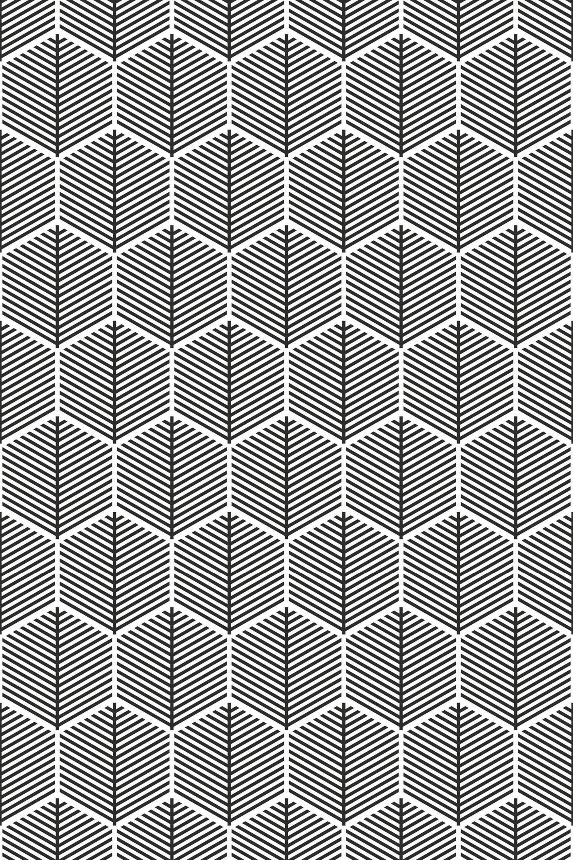 A geometric honeycomb pattern, with black and white hexagons arranged in a repeating formation. Each hexagon contains a V-shaped linear design inside, creating a symmetrical and modern look. Perfect for a contemporary or minimalist space. Peel and stick removable wallpaper.