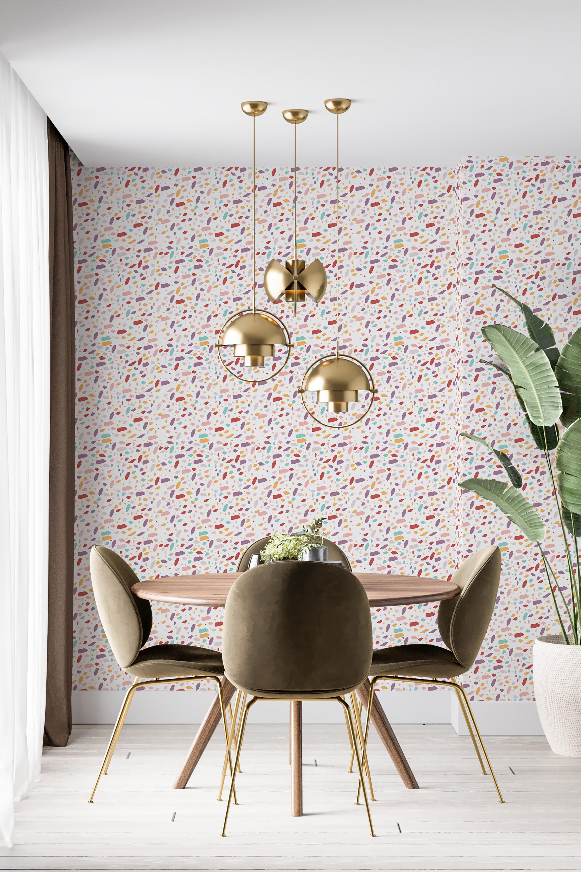 Wallpaper with a colorful terrazzo pattern featuring scattered shapes in various sizes and colors on a white background, evoking a lively and vibrant atmosphere. Traditional wallpaper.