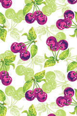 Vibrant pattern with clusters of red cherries and green leaves on a white background. The design is bright and cheerful, adding a fresh fruit-inspired touch to any space. Peel and stick removable wallpaper.