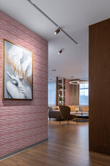 A room with red painted stripes wallpaper on the wall, creating a textured effect, traditional wallpaper.