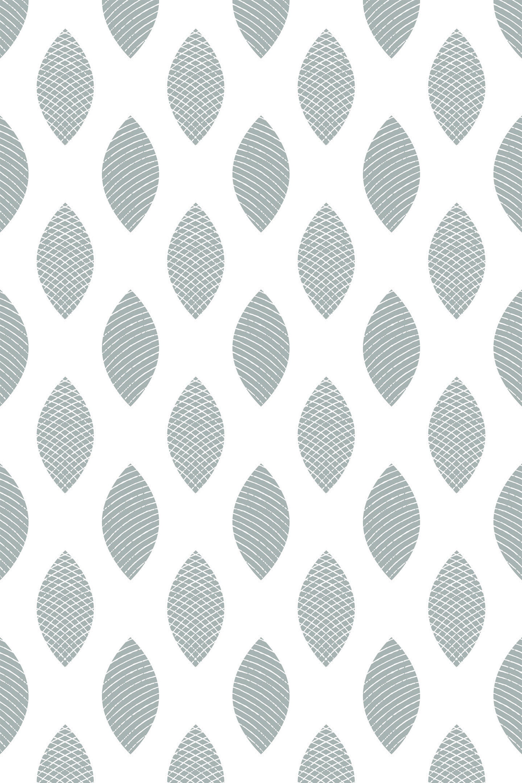 Pattern of leaf-shaped outlines with thin, parallel lines inside each shape, arranged in a grid pattern on a white background. The leaves have a muted greyish-blue color. Peel and stick removable wallpaper.