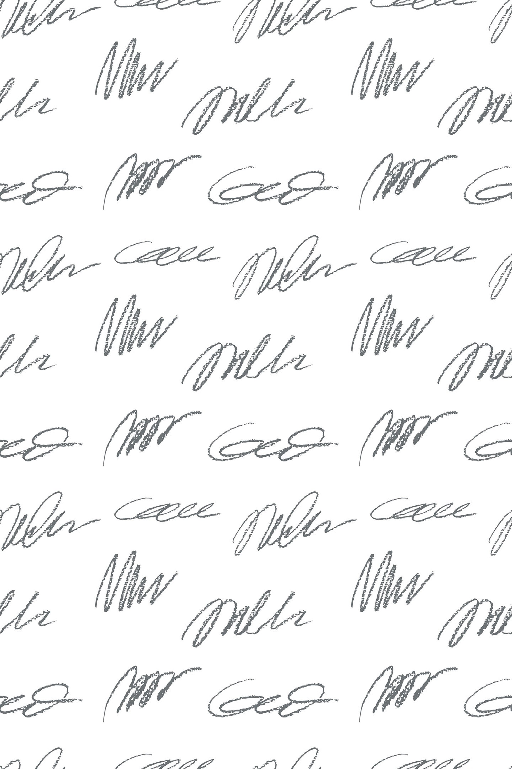 Handwriting pattern with script-like, repeating black cursive text on a white background, creating a clean, modern aesthetic. Peel and stick removable wallpaper.
