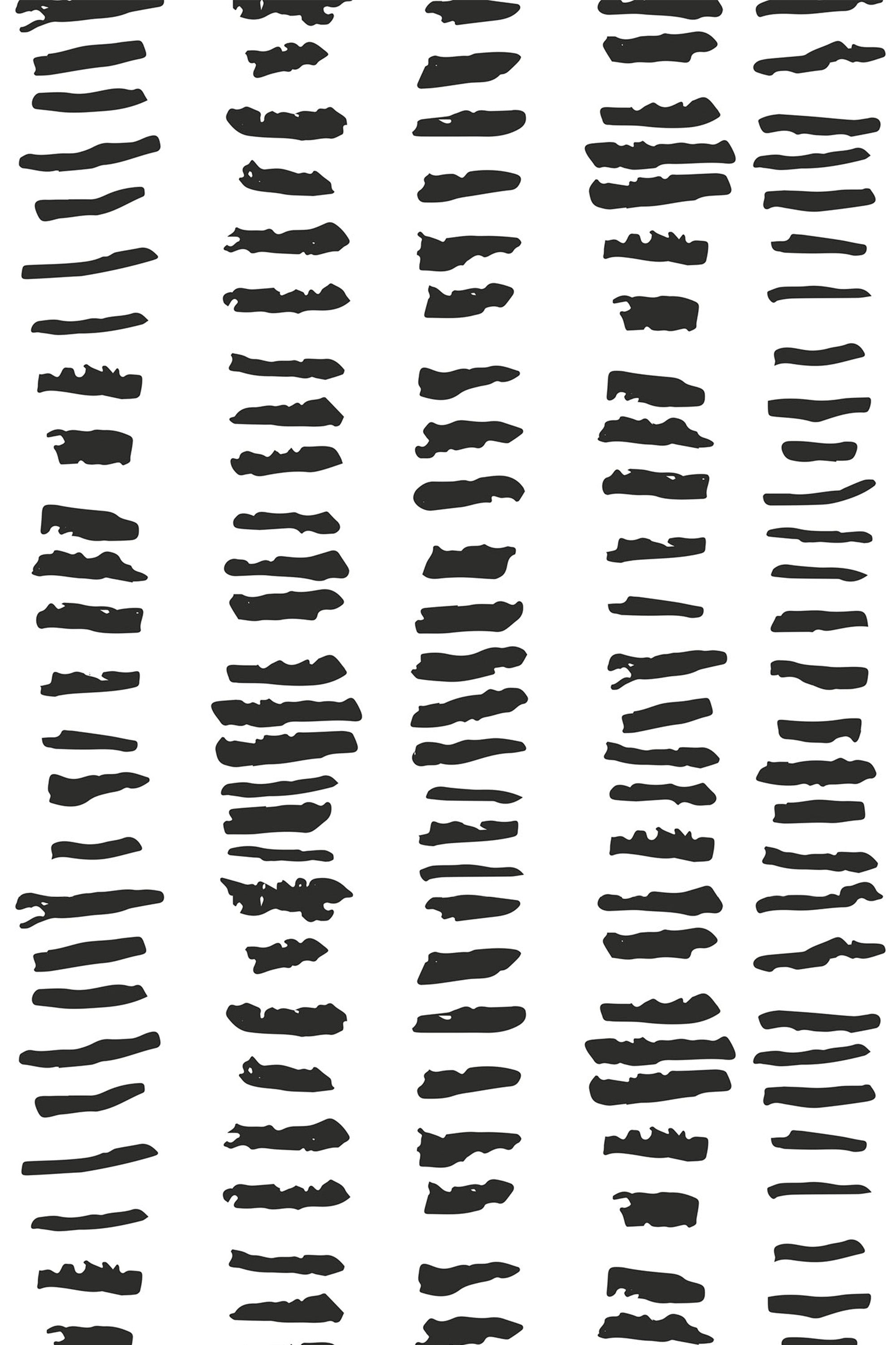 Abstract black horizontal brush strokes in varying thicknesses aligned in vertical columns on a white background, creating a modern, minimalist look. Peel and stick removable wallpaper.