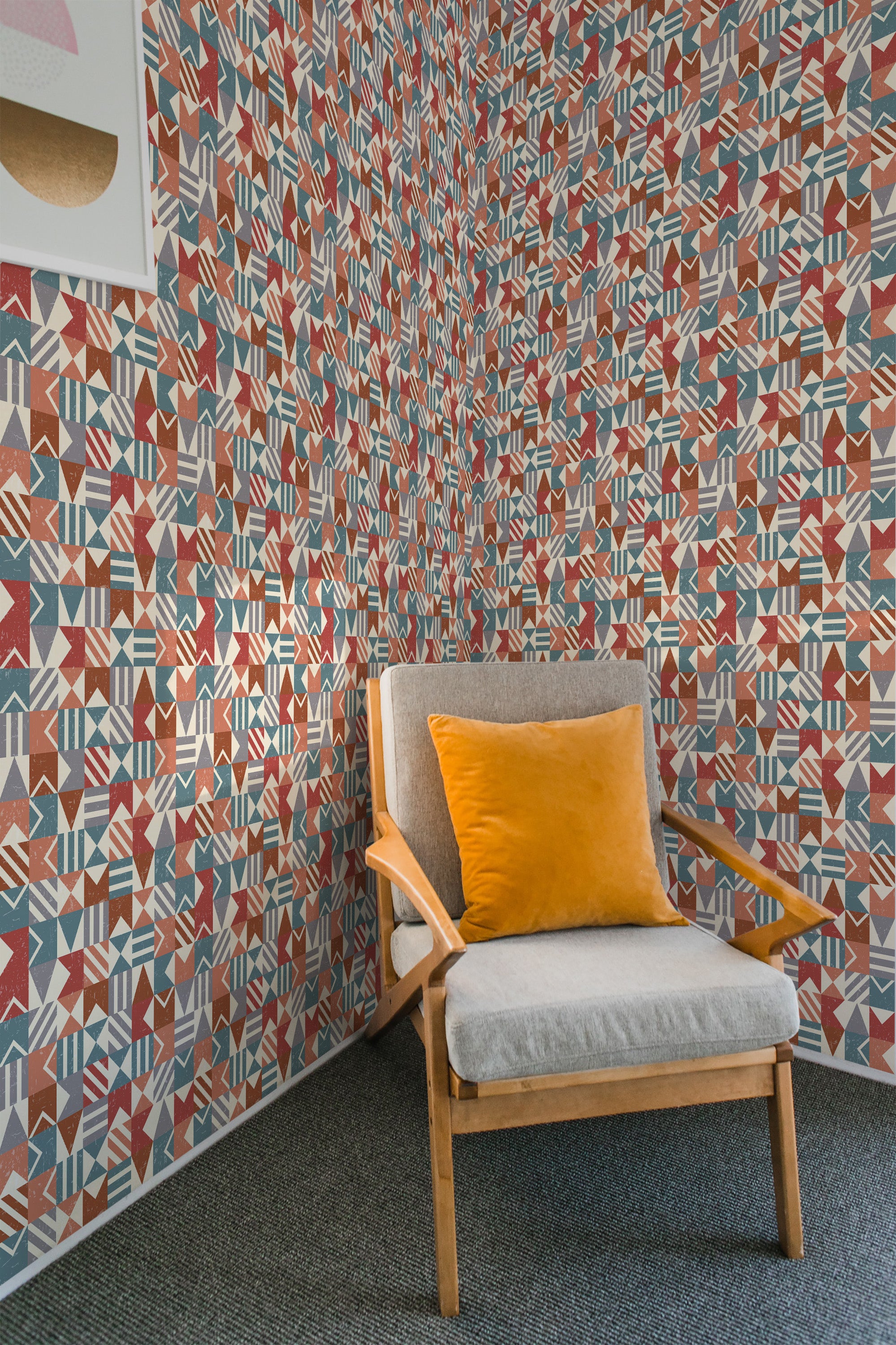 Geometric wallpaper with a vintage-inspired pattern in shades of red, blue, beige, and brown, adding a retro vibe to the room's d��cor. Traditional wallpaper.