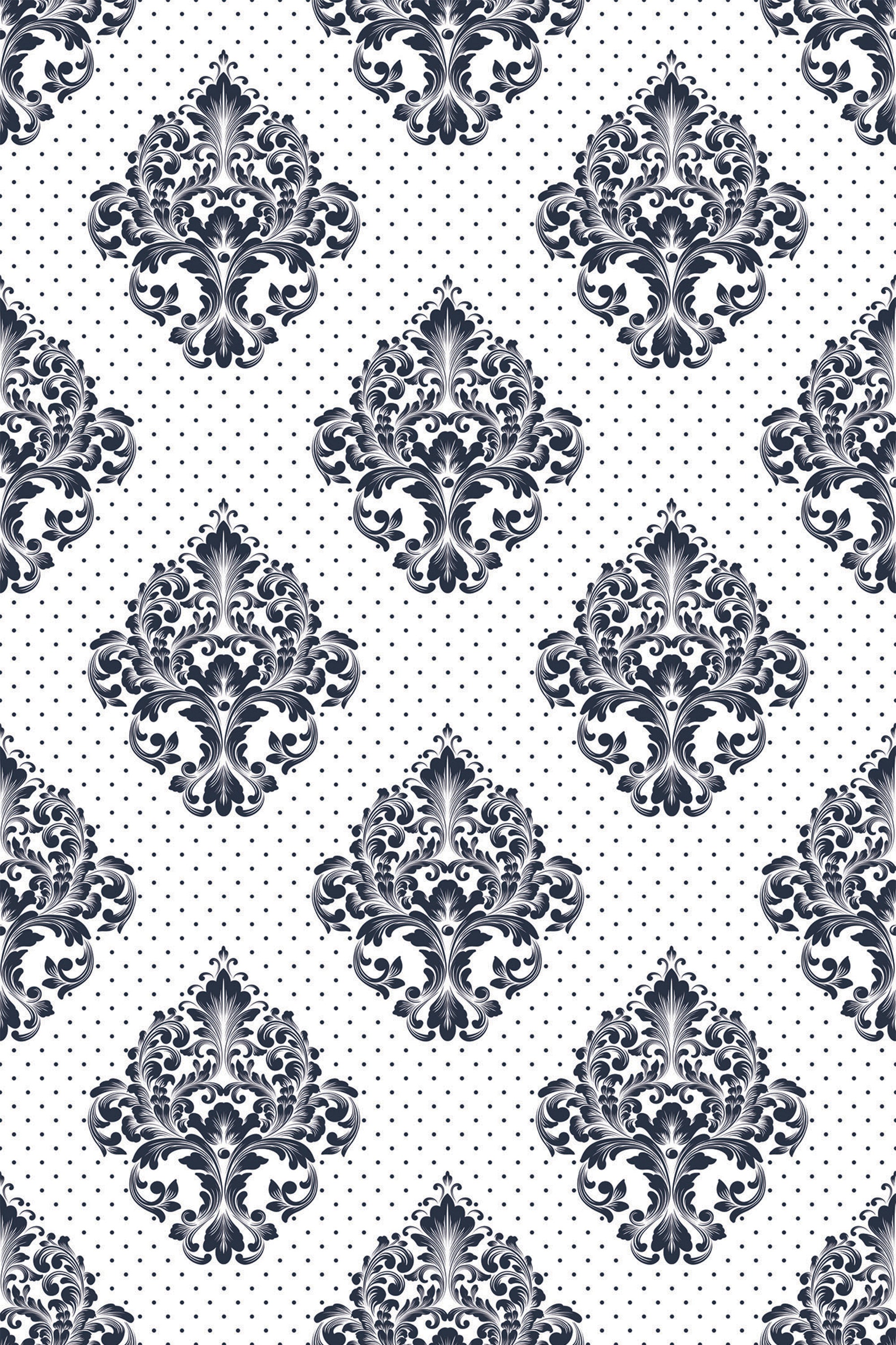 Elegant Damask print with intricate black floral motifs set against a white background with subtle dot accents, forming a classic, repetitive pattern. Peel and stick removable wallpaper.