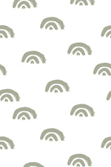 A repeating pattern of hand-drawn, minimalist green rainbows with a boho aesthetic on a white background. Peel and stick removable wallpaper.