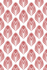 Red and white repeating pattern of stylized peacock feathers with concentric layers on a white background. Peel and stick removable wallpaper.