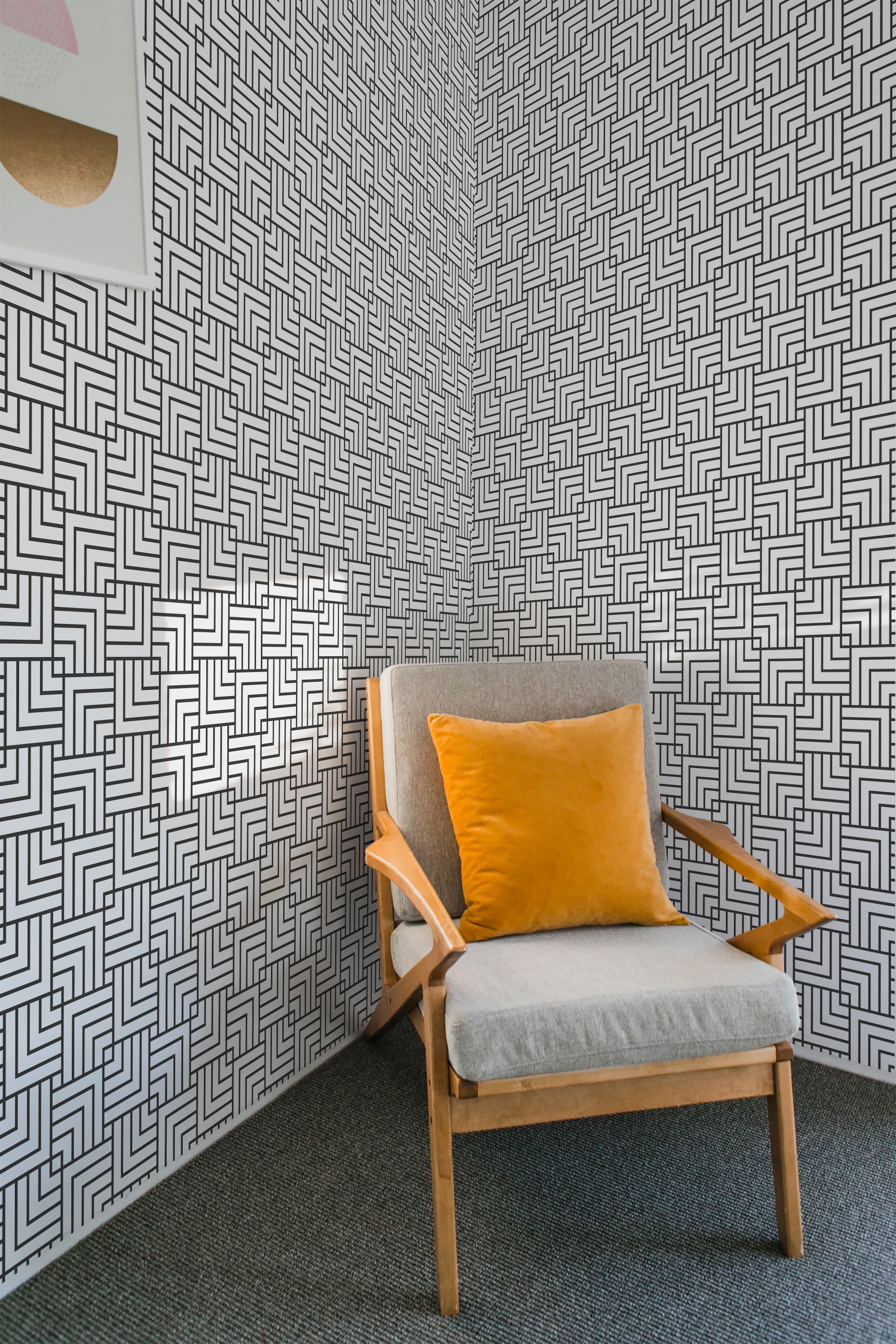 A room with black and white geometric square pattern wallpaper that creates a visually intricate, repeating grid design. Traditional wallpaper.