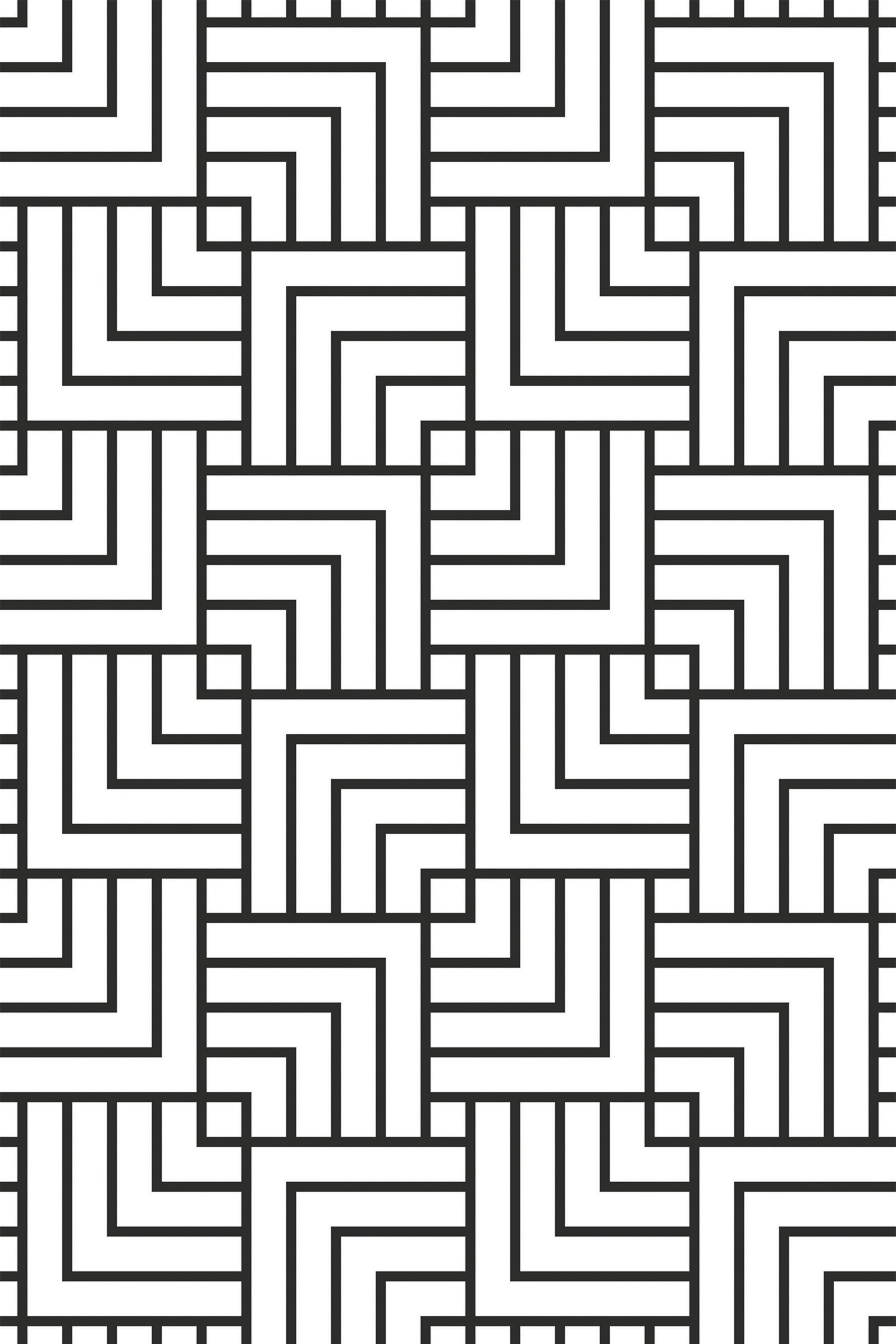 A black and white geometric design with squares made of alternating thick and thin straight lines, forming a dynamic pattern with a modern, clean aesthetic. Peel and stick removable wallpaper.