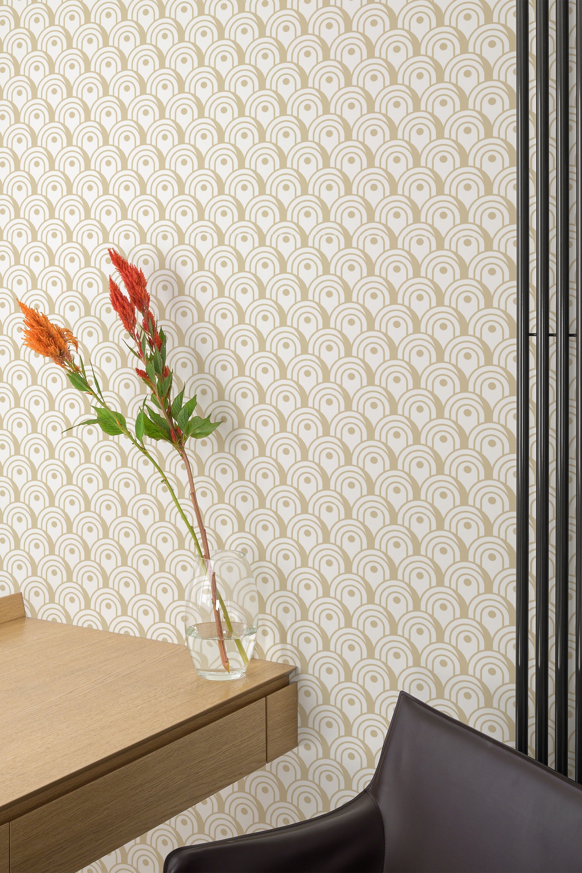Self-adhesive wallpaper with an Art Deco arch pattern in soft gold and cream tones, creating a sophisticated geometric design.