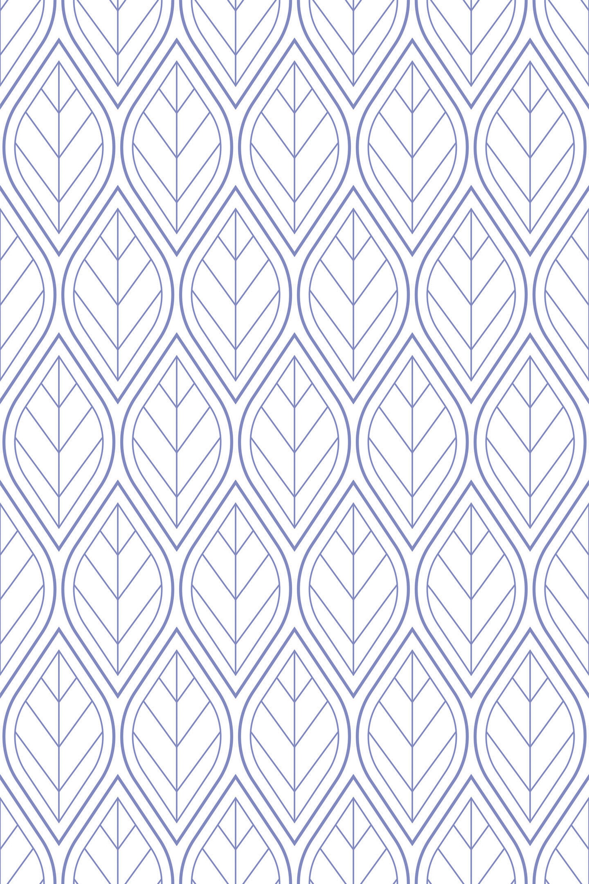 Blue botanical leaf pattern with geometric, repeating leaf shapes on a white background, peel and stick removable wallpaper.