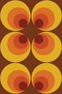 Bright, bold circles with concentric shapes in orange, yellow, and brown tones on a dark background in a repeating geometric pattern. Peel and stick removable wallpaper.