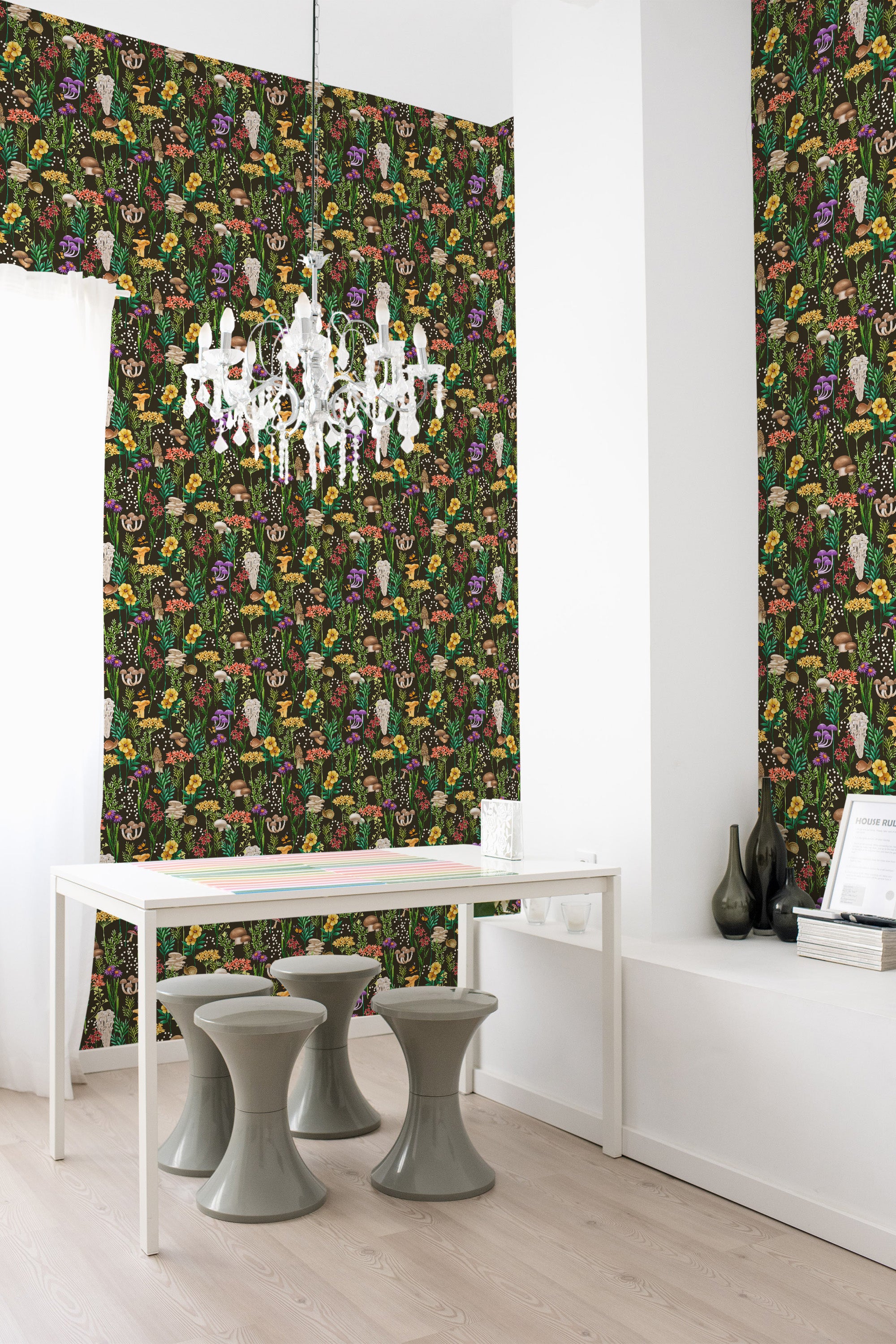 A vibrant and intricate Mushroom Garden design fills the wallpaper with colorful mushrooms, woodland creatures, and lush greenery against a dark background, creating a nature-inspired look. Traditional wallpaper.