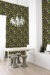 A vibrant and intricate Mushroom Garden design fills the wallpaper with colorful mushrooms, woodland creatures, and lush greenery against a dark background, creating a nature-inspired look. Traditional wallpaper.
