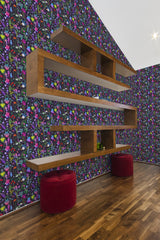 A room with vibrant, dark-colored wallpaper adorned with various colorful mushrooms, flowers, and plants,raditional wallpaper.