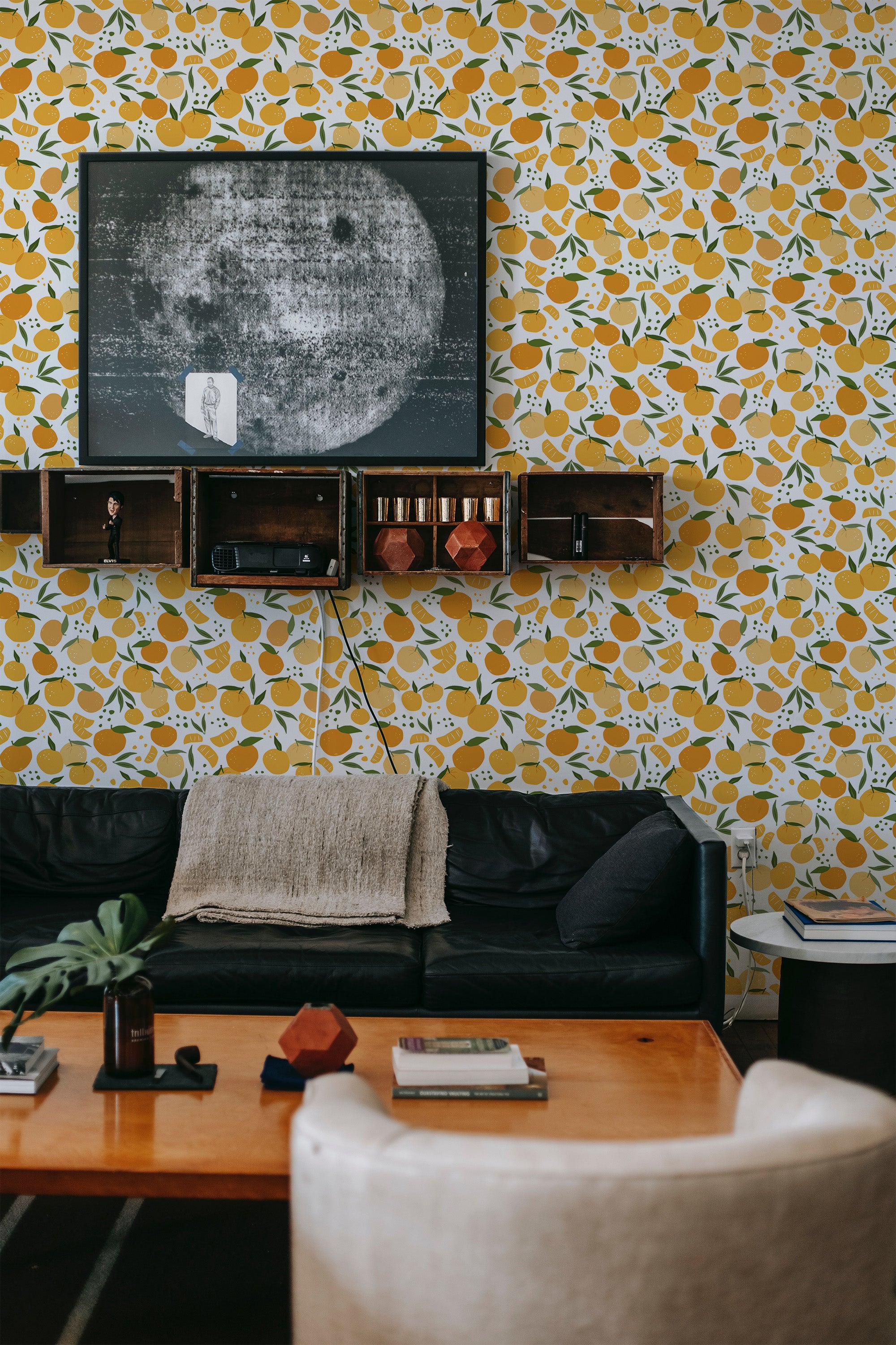 Wallpaper design with a seamless pattern of orange fruits surrounded by green leaves against a white background, creating a vibrant and lively atmosphere,raditional wallpaper.