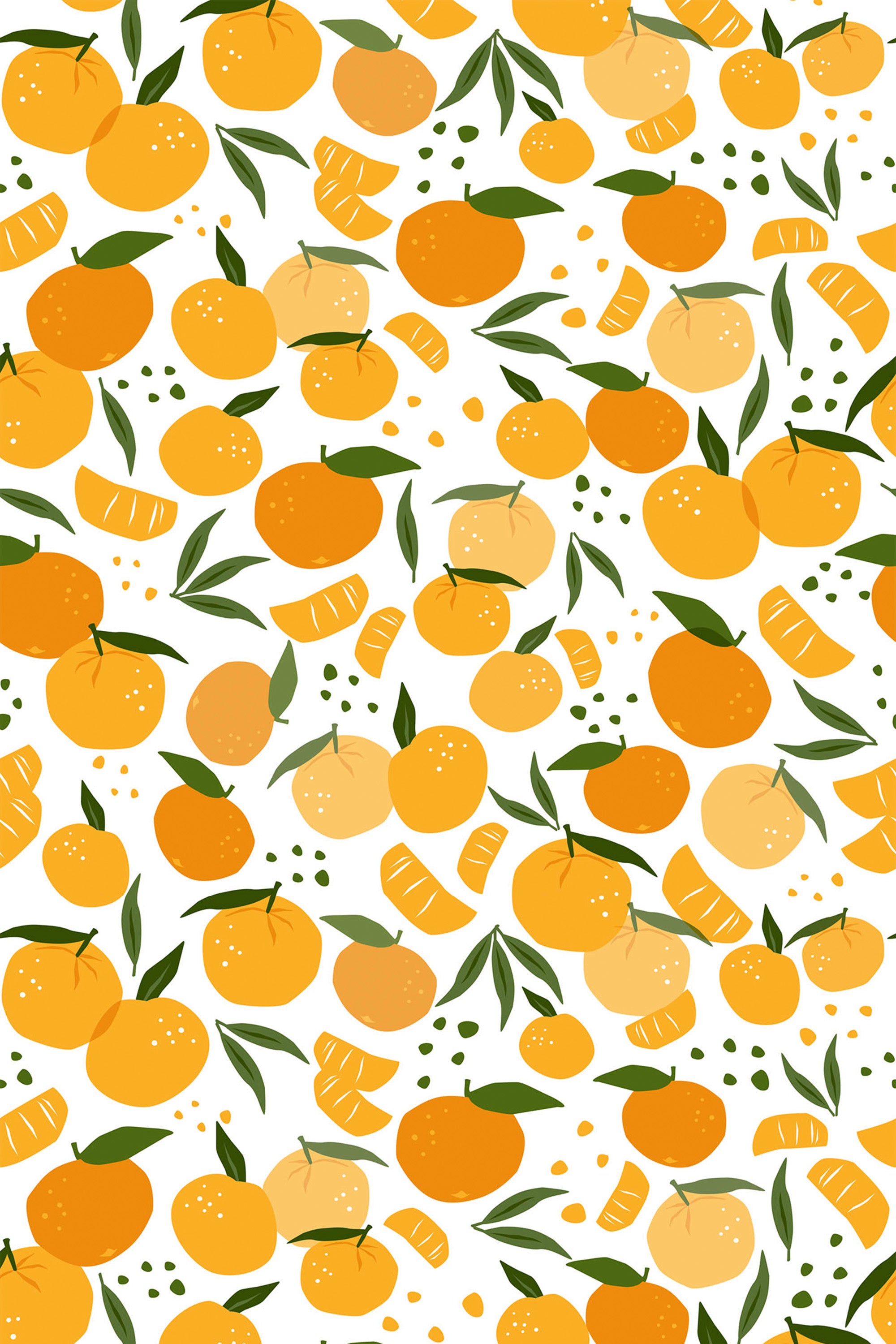 Orange fruit pattern with various whole oranges, orange segments, and green leaves scattered across a white background. Peel and stick removable wallpaper.