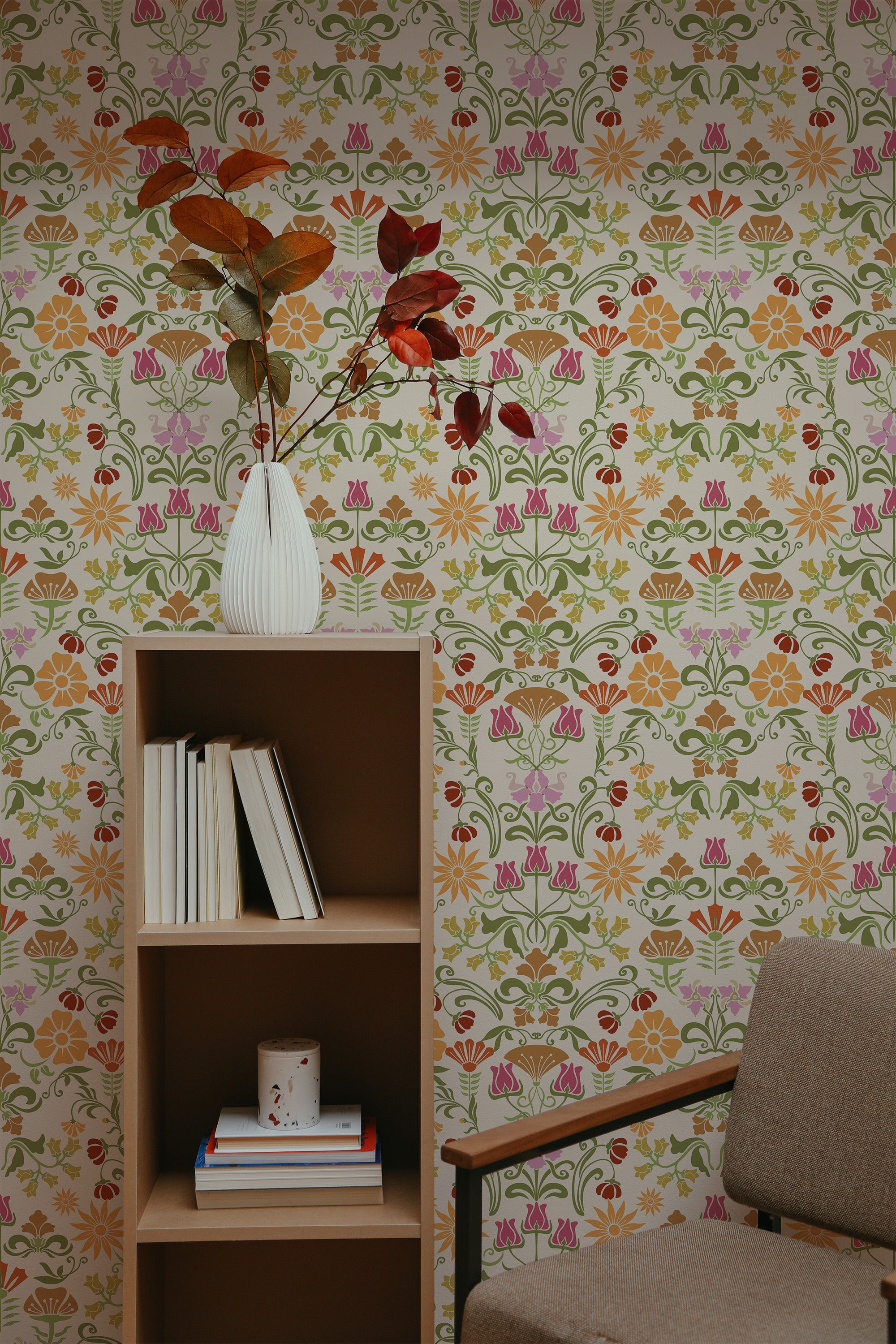 Self-adhesive Art Nouveau floral wallpaper with intricate patterns of flowers and foliage in vibrant shades of green, pink, red, and yellow on a soft beige background.