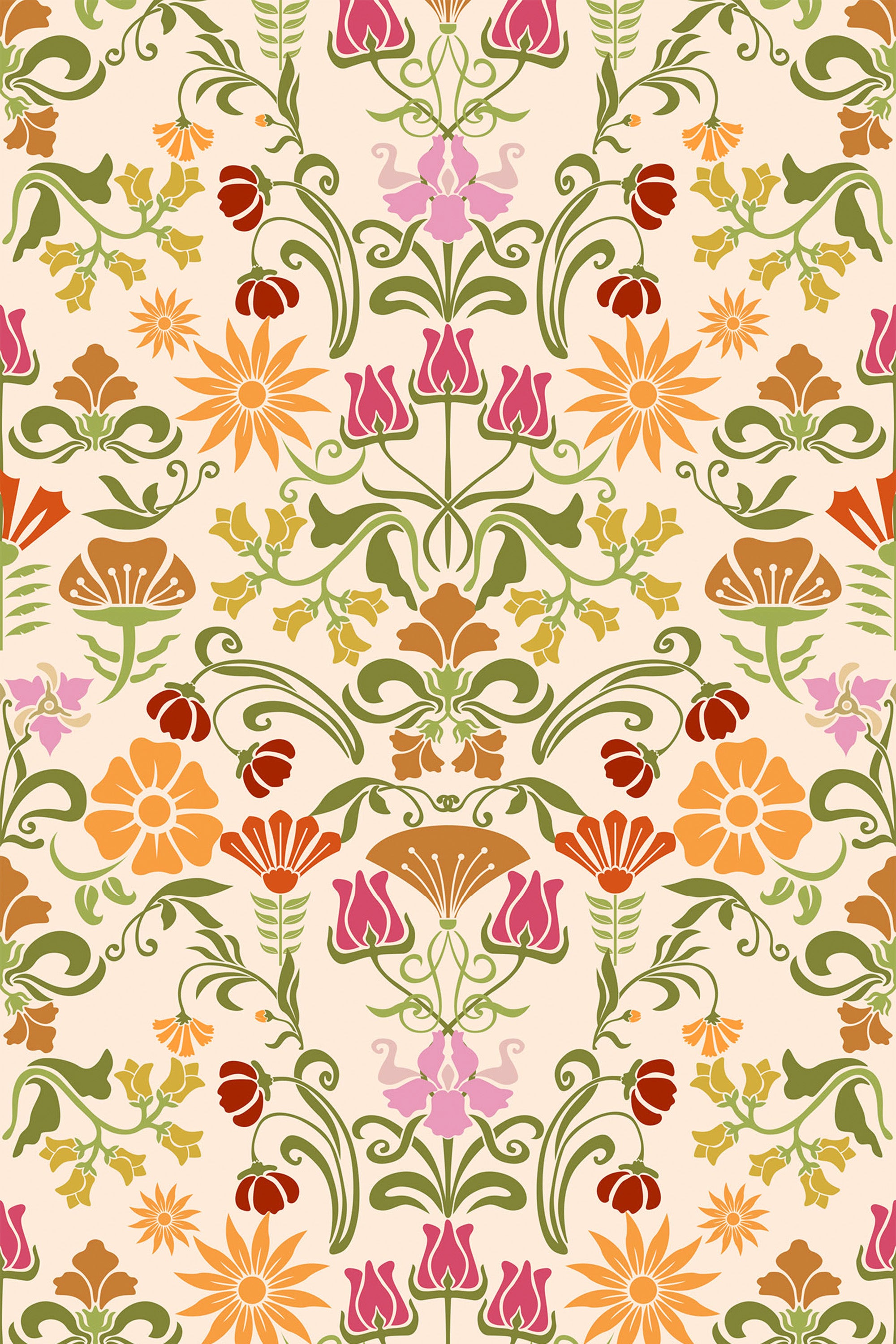 A vibrant Art Nouveau floral wallpaper with intricate patterns of stylized flowers and leaves in shades of pink, orange, red, and green on a light beige background. The flowing design captures the elegance and organic forms typical of the Art Nouveau style. Peel and stick removable wallpaper.