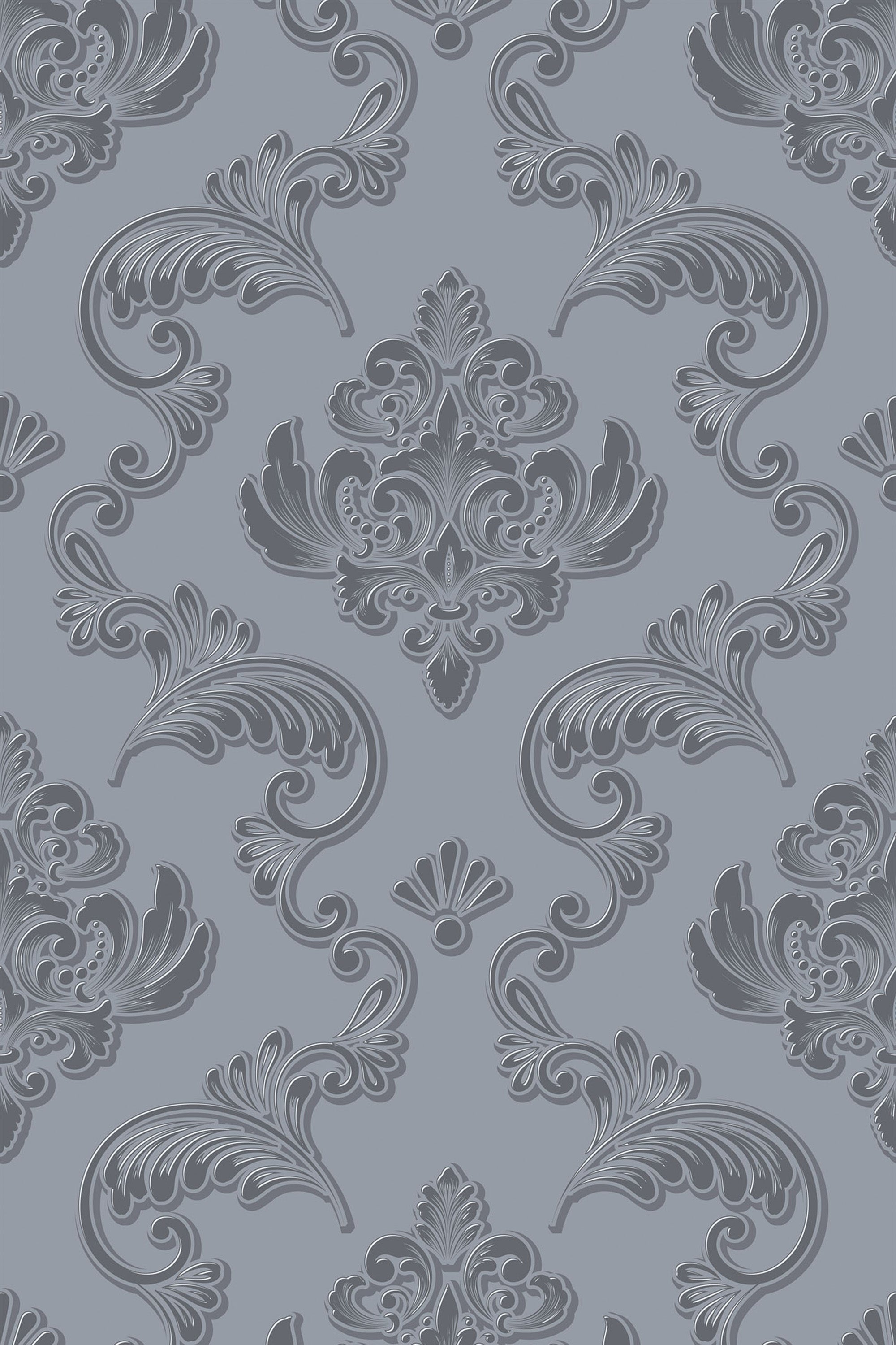 A gray Damask Victorian wallpaper pattern with intricate swirling floral motifs and symmetrical decorative elements, creating a classic and elegant look, peel and stick removable wallpaper.