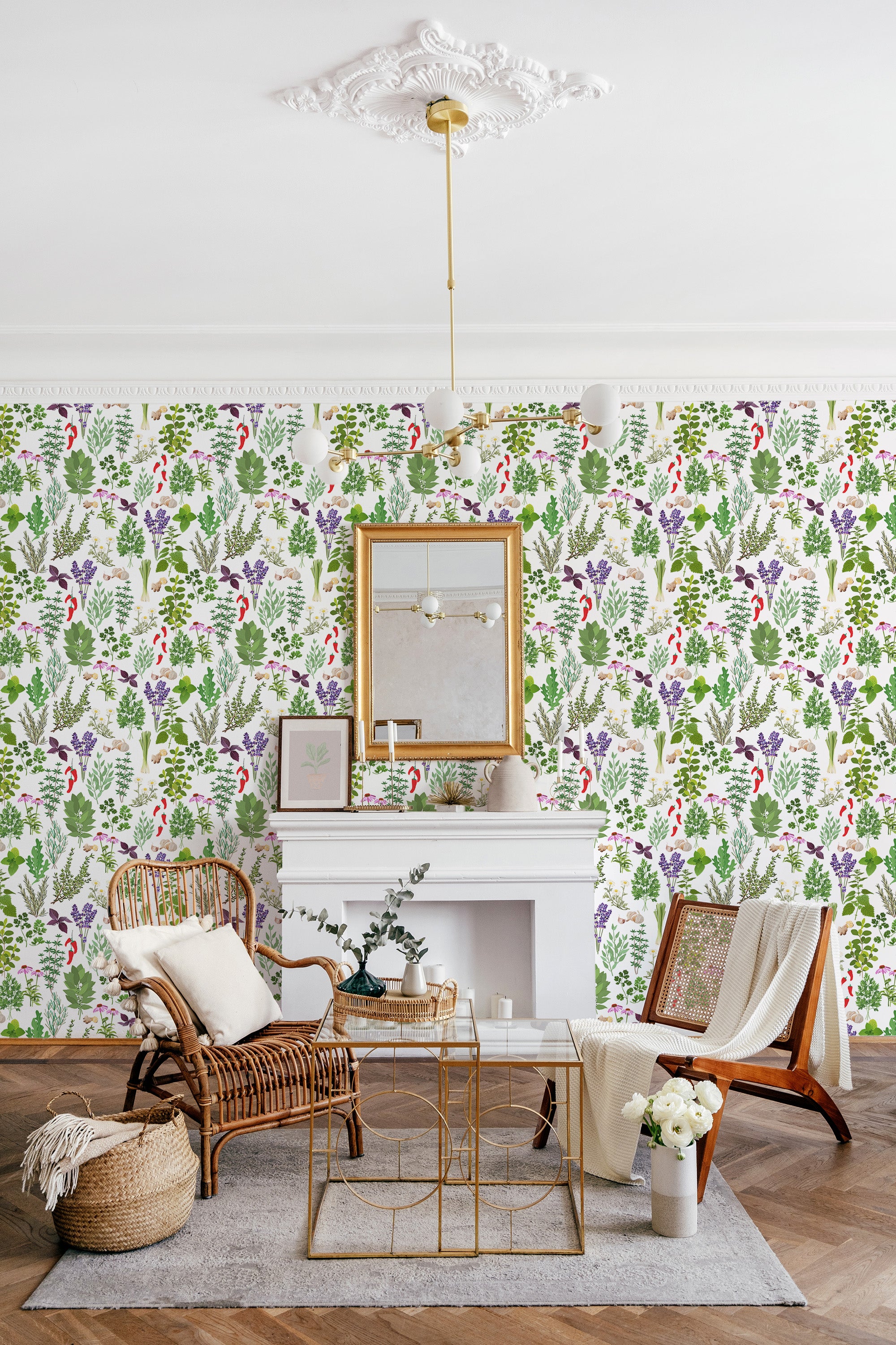 Wallpaper with a detailed pattern of various herbs in green, purple, and red tones, creating a vibrant and natural atmosphere in the room. Traditional wallpaper.