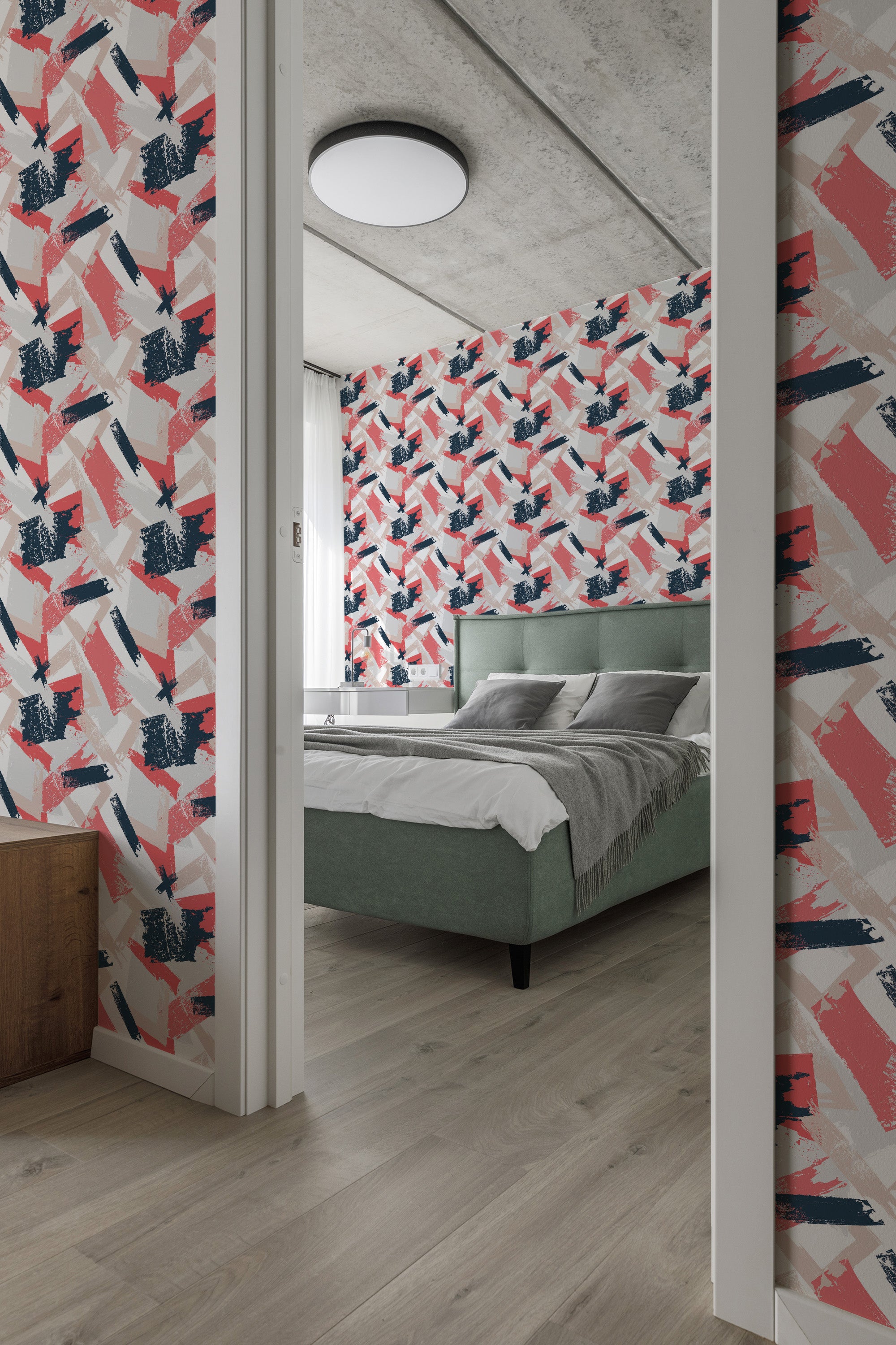 A room with walls adorned in a traditional wallpaper with an abstract brush stroke color design in shades of pink, gray, and navy blue.