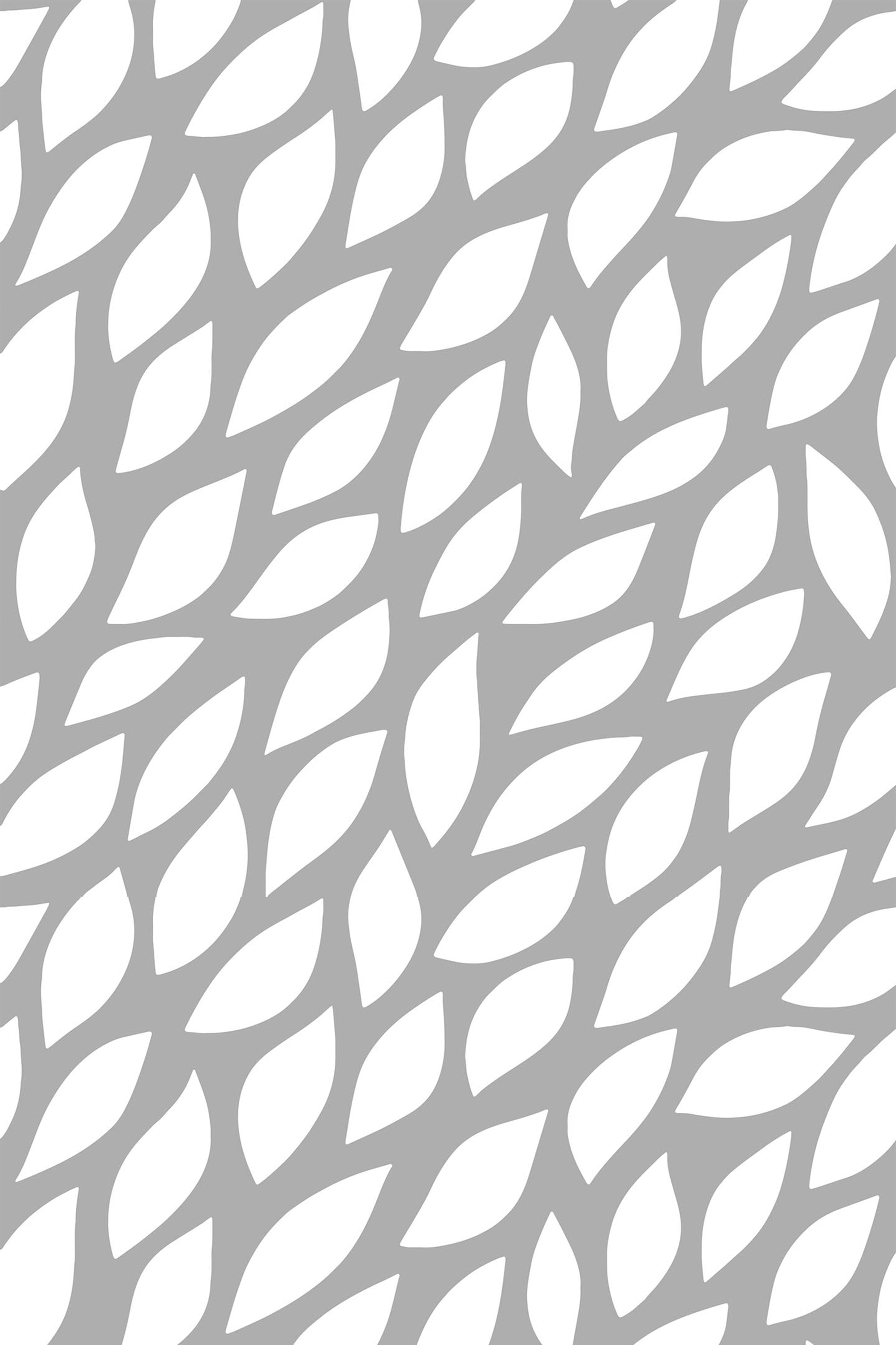 A repeating pattern of gray abstract leaf shapes on a white background, creating a modern and subtle botanical motif. Peel and stick removable wallpaper.