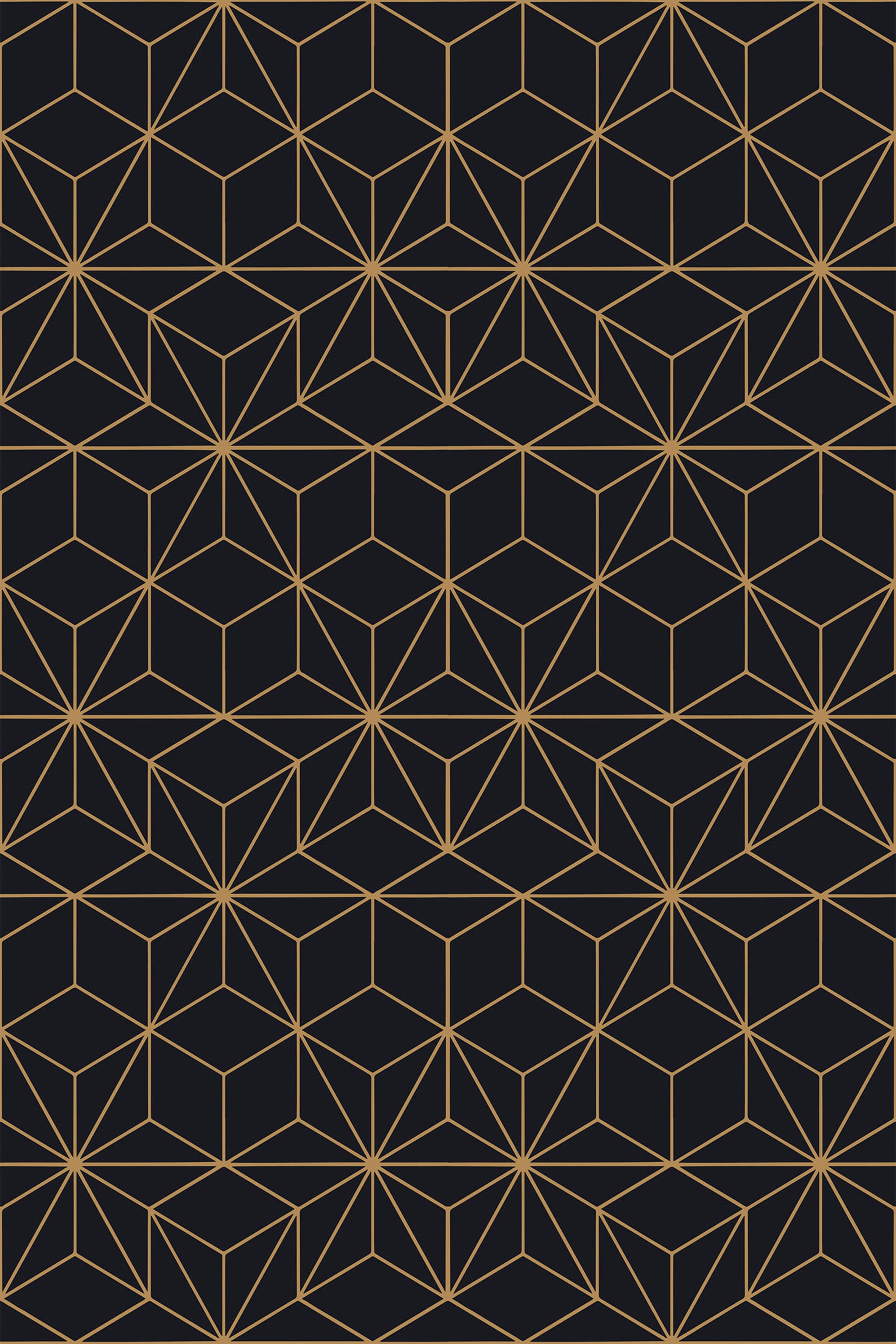 A luxurious geometric pattern with gold lines forming intricate hexagonal and star shapes against a sleek black background. Peel and stick removable wallpaper.