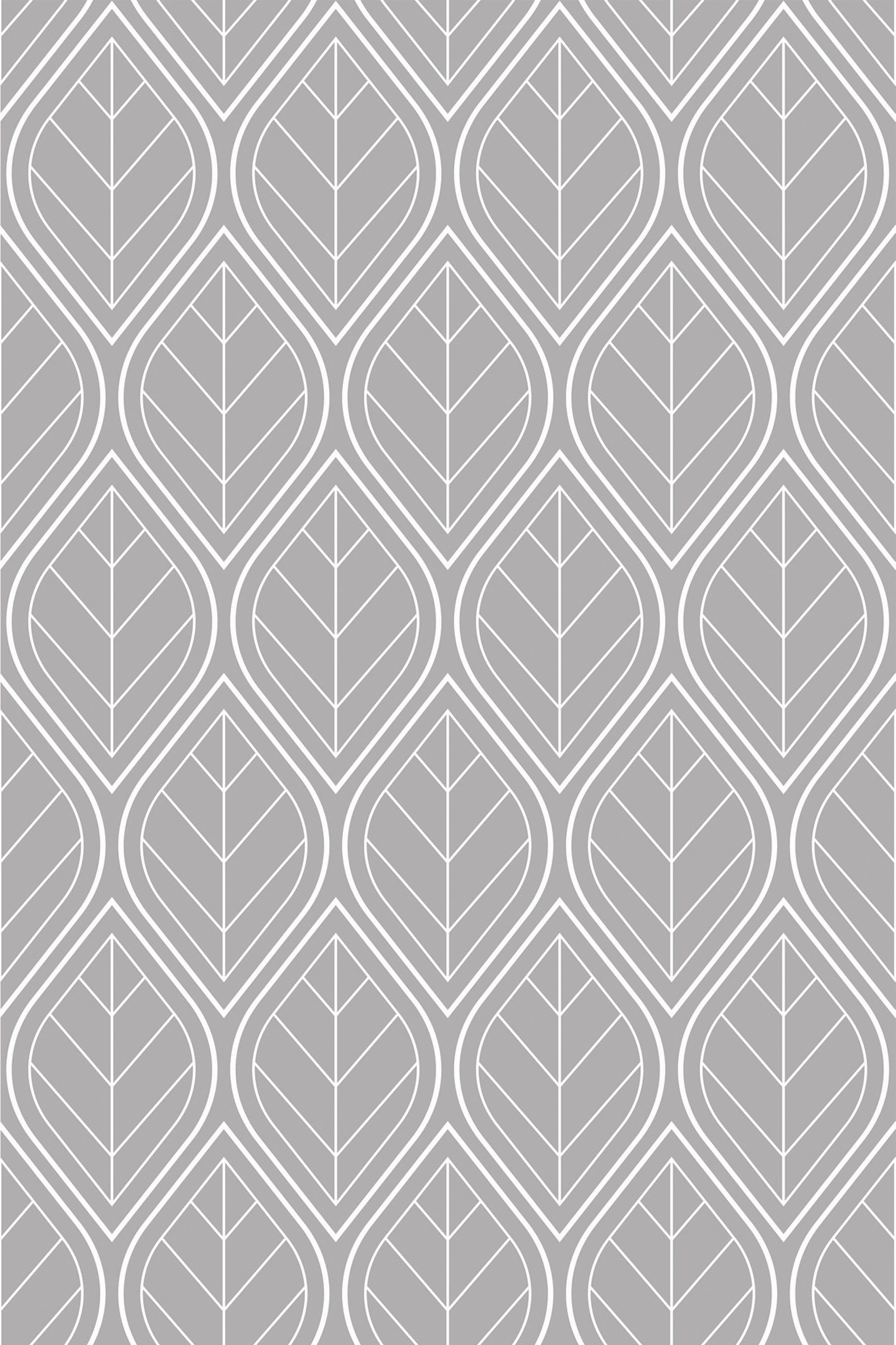 Geometric leaf pattern with symmetrical outlines in a gray and white color scheme, creating a repetitive Art Deco-inspired design. Peel and stick removable wallpaper.