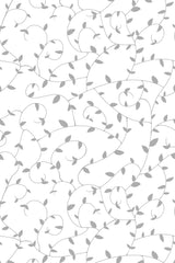 Grey branches with small leaves intertwine on a white background, creating a delicate, flowing pattern. Peel and stick removable wallpaper.