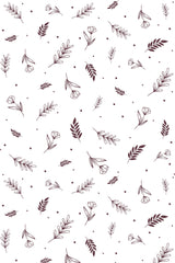 A delicate floral print with scattered sprigs and blossoms in deep maroon on a clean, white background. Tiny abstract dots are interspersed throughout, creating an elegant and minimalist design. Peel and stick removable wallpaper.