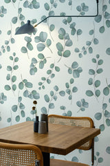 Self-adhesive wallpaper with a natural plant design, showcasing delicate leafy branches in soft green hues on a light background, creating a calming and organic atmosphere.