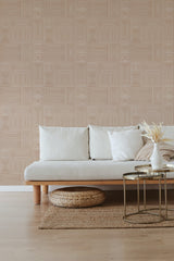 Beige wallpaper with a Structured Maze pattern of intricate, geometric lines creating interconnected rectangular shapes, enhancing a modern yet timeless ambiance. Traditional wallpaper.