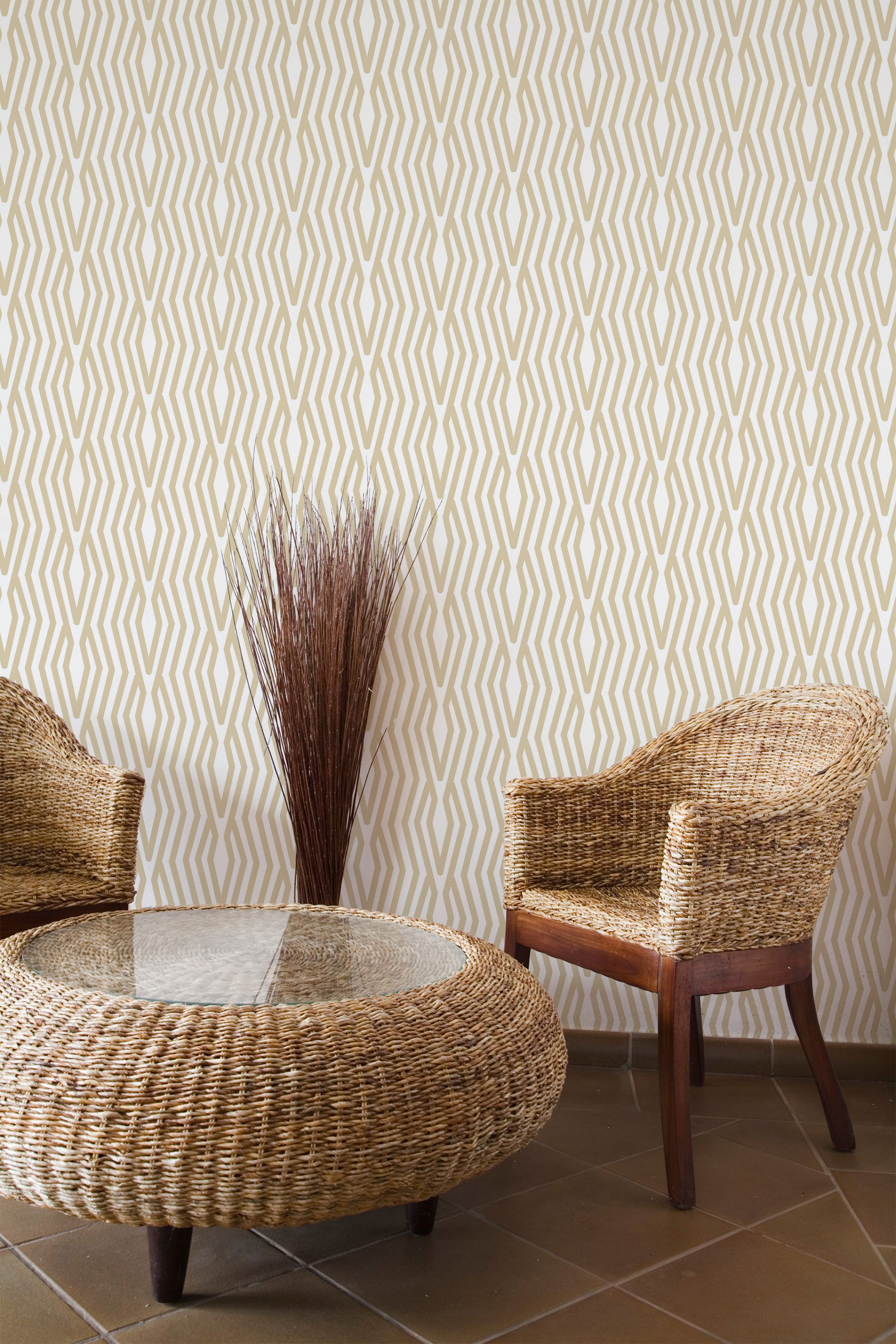 Self-adhesive wallpaper with a geometric line art design, featuring gold angular patterns on a white background.