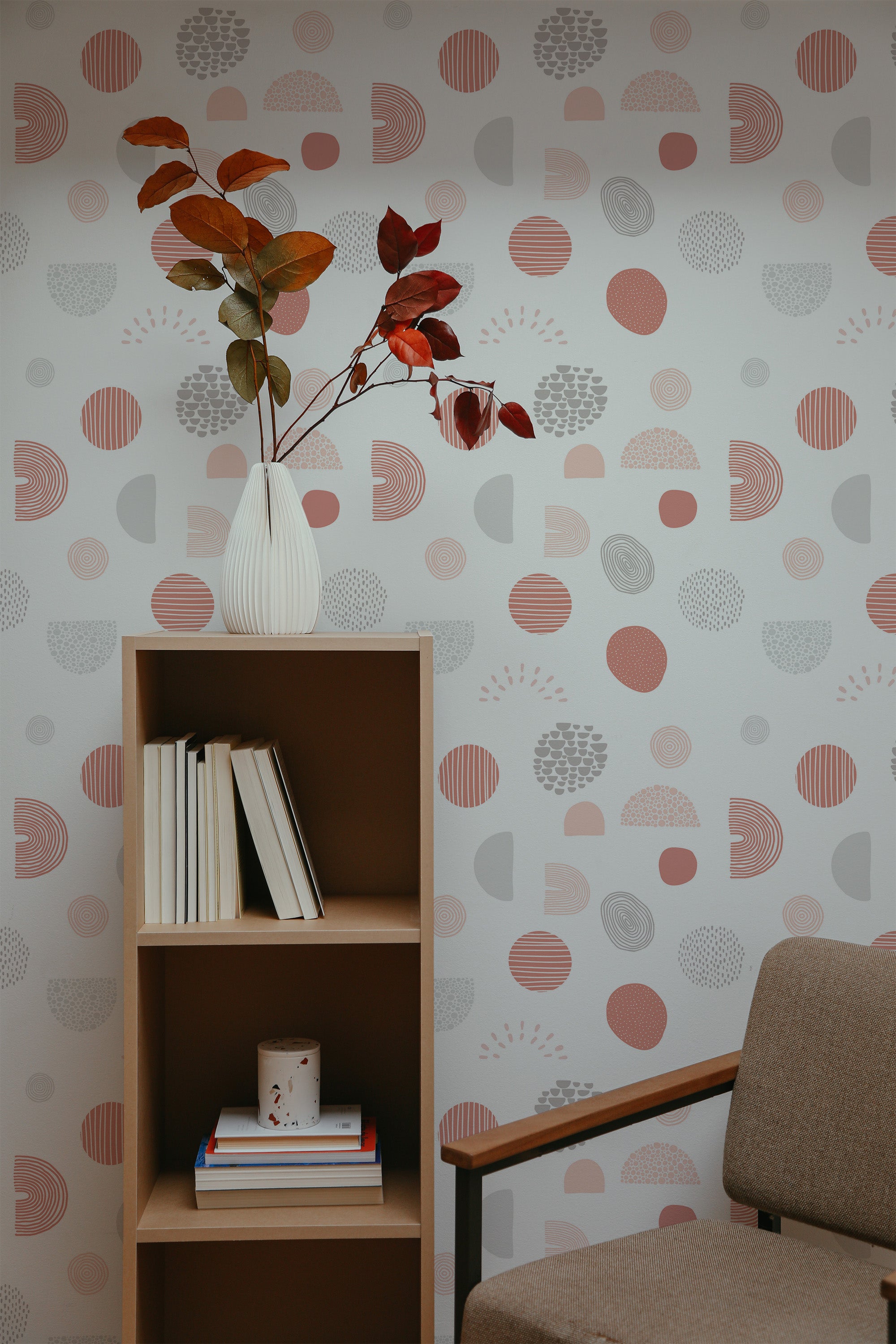 Self-adhesive Boho shapes wallpaper with abstract patterns in soft muted colors including terracotta, blush, gray, and white, semicircles, dots, and various minimalist shapes blend on a light background.