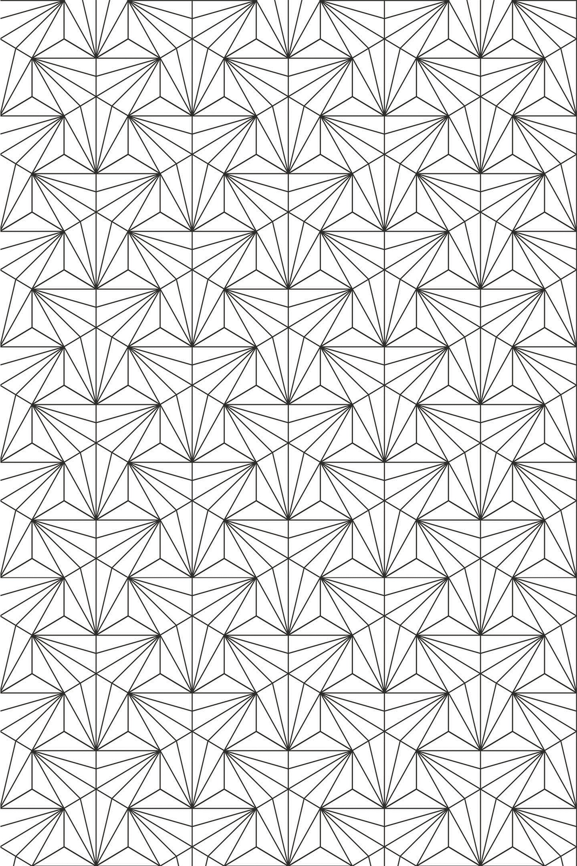 Black and white Art Deco pattern with clean, symmetrical geometric shapes creating fan-like motifs in a grid arrangement. Peel and stick removable wallpaper.