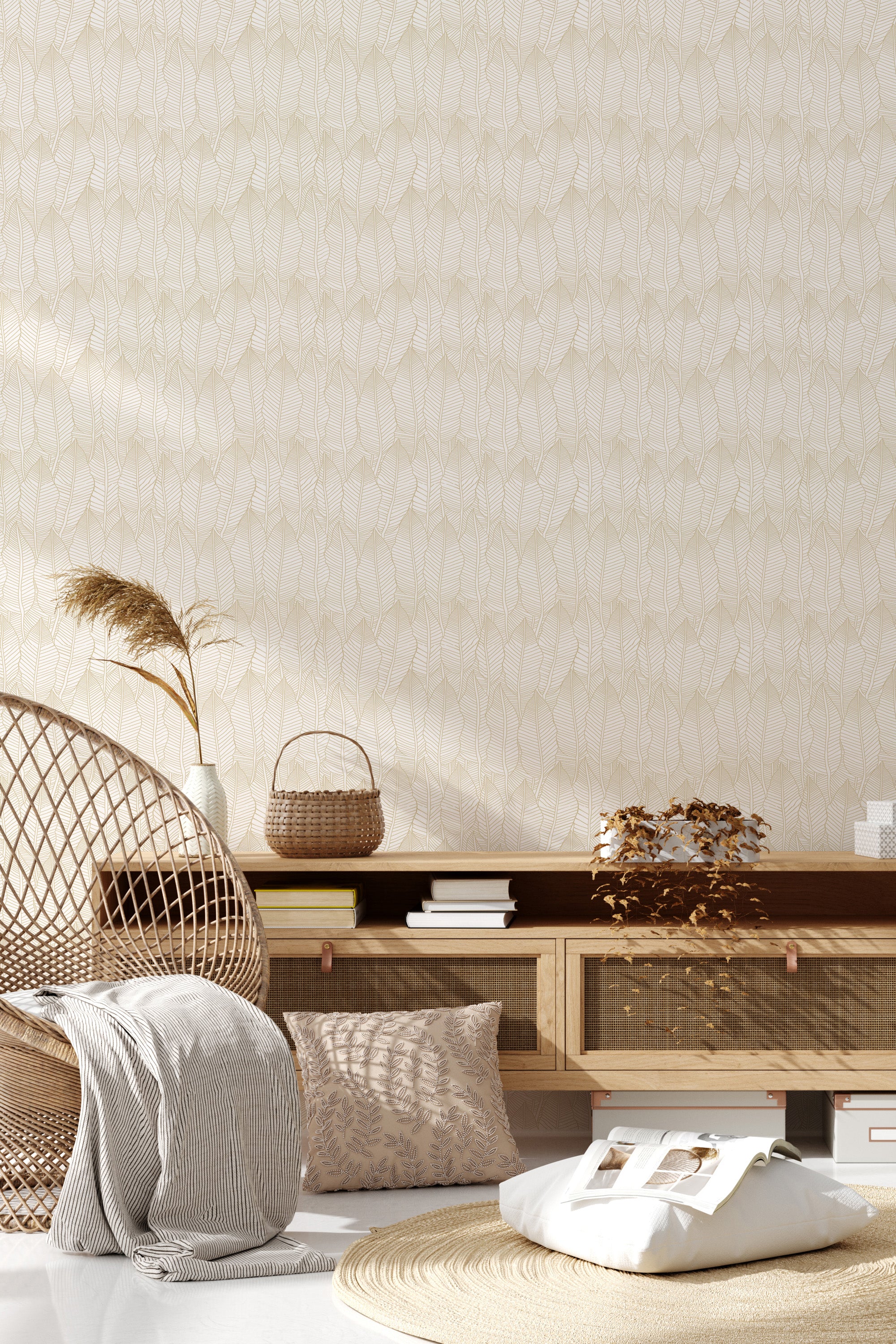 The wallpaper design has a subtle golden leaf pattern with intricate detailing that creates an elegant and refined look, giving the room a warm and sophisticated atmosphere. Traditional wallpaper.