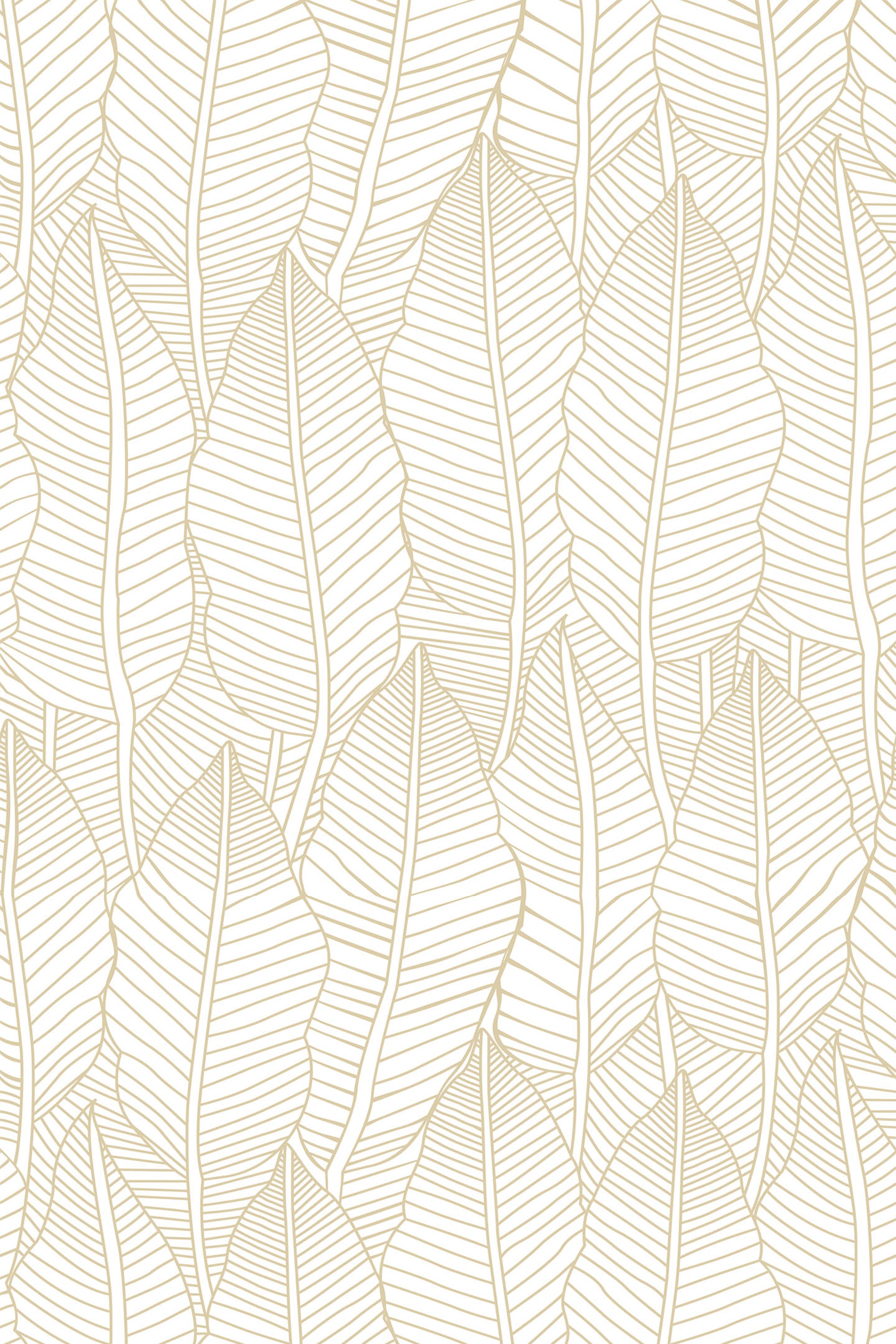 A seamless pattern of golden leaves with intricate detailing on a white background. Peel and stick removable wallpaper.