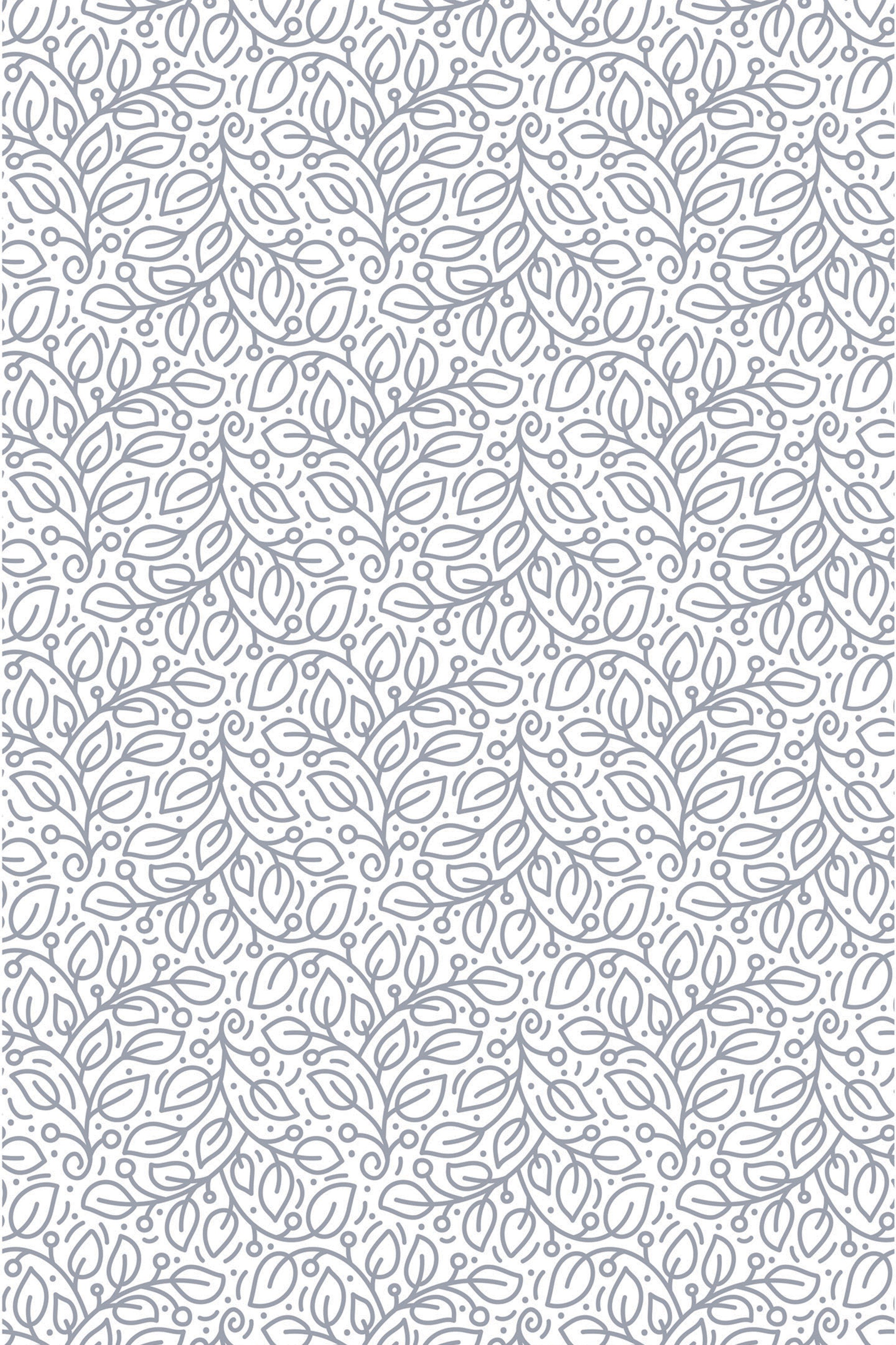 A repeating pattern of delicate line-drawn leaves with small dots on a light background. Subtle and intricate design for a modern, nature-inspired aesthetic. Peel and stick removable wallpaper.